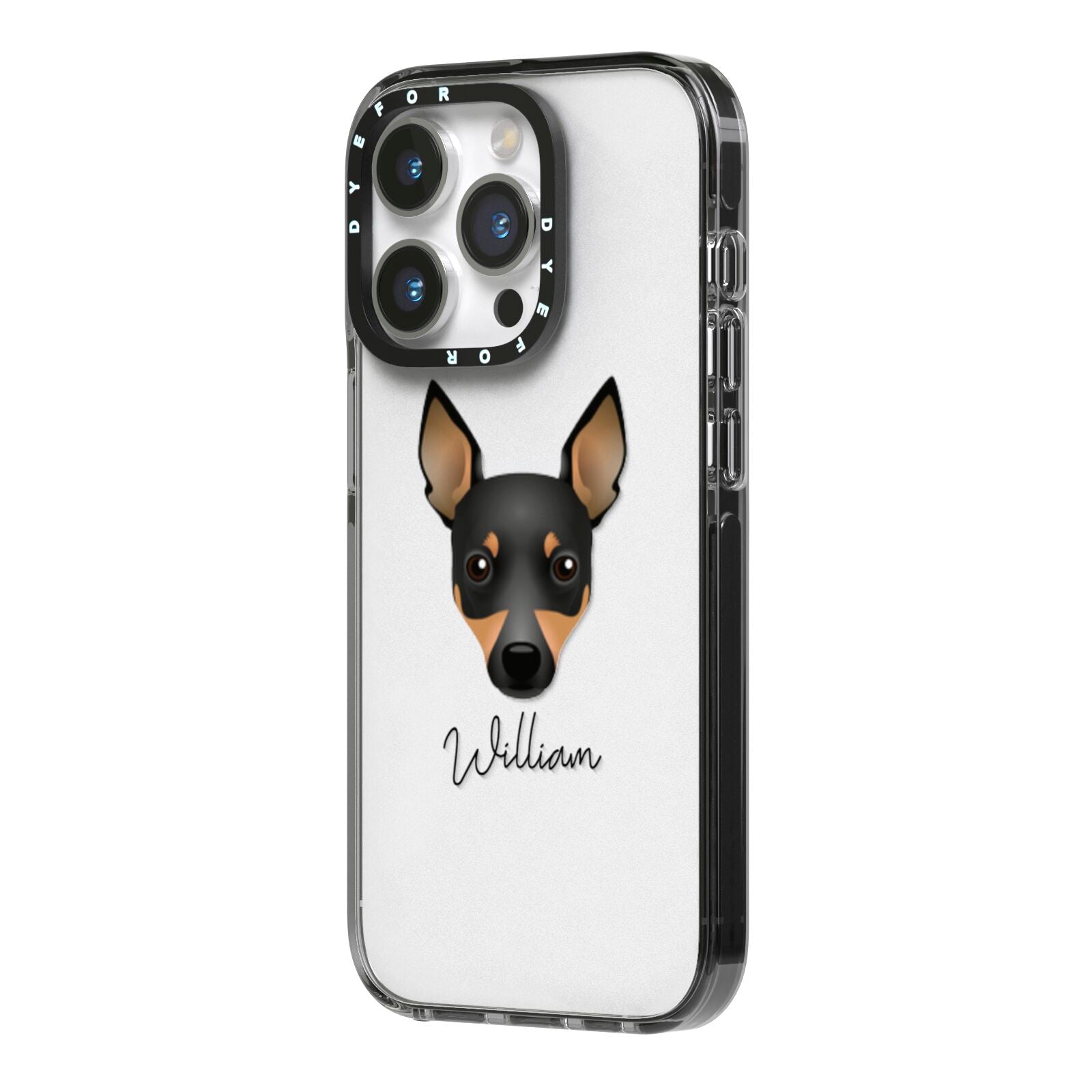 Toy Fox Terrier Personalised iPhone 14 Pro Black Impact Case Side Angle on Silver phone