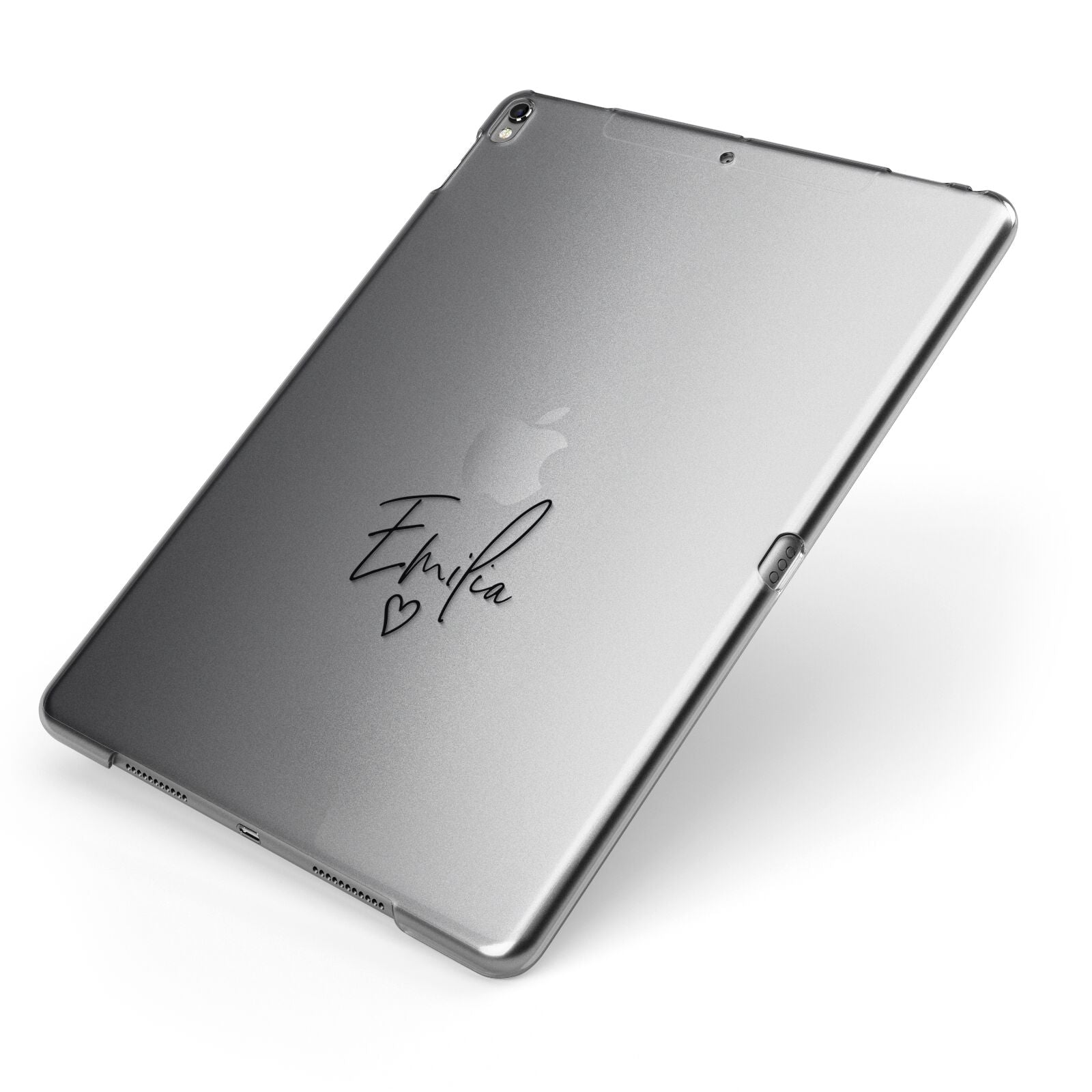 Transparent Black Handwritten Name Apple iPad Case on Grey iPad Side View
