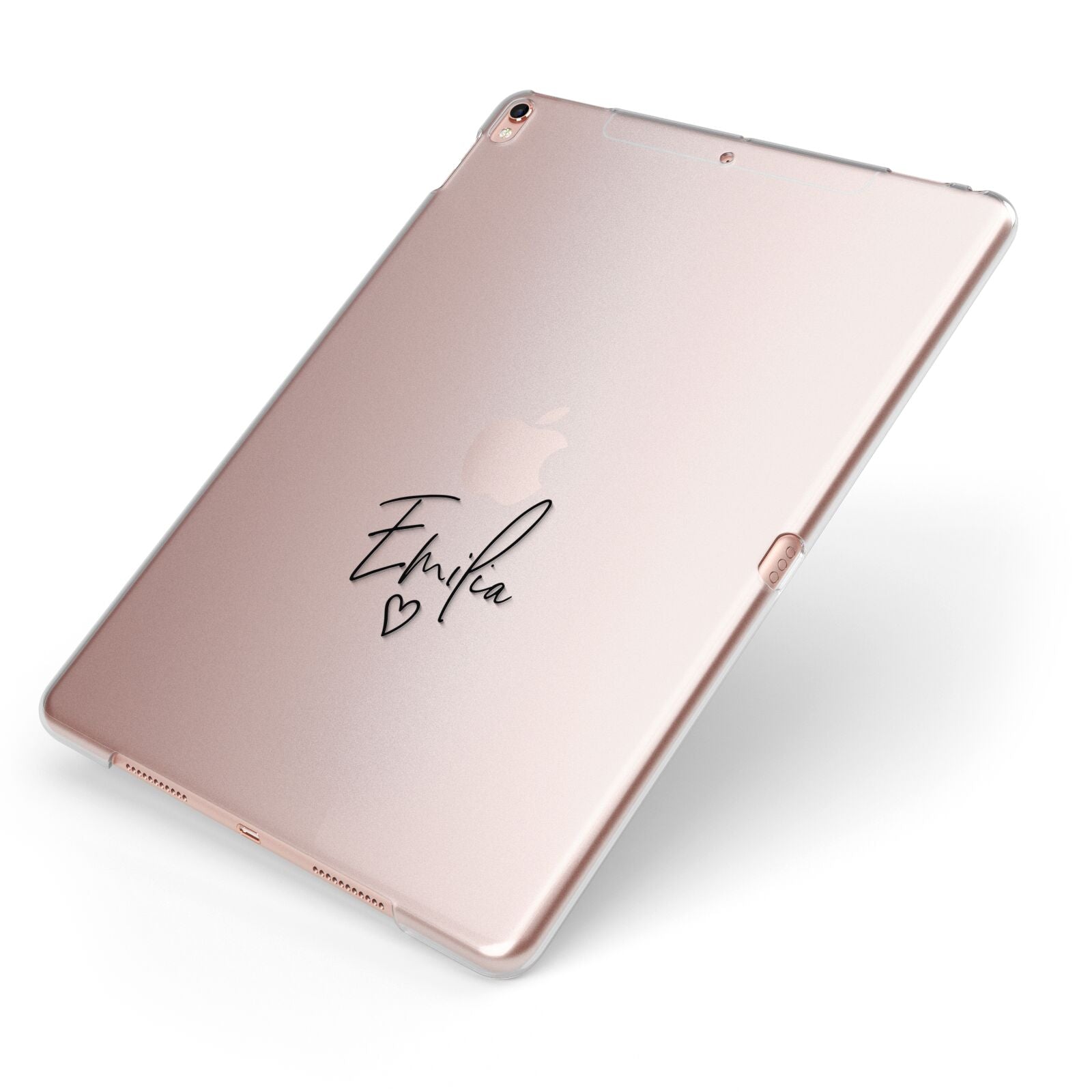 Transparent Black Handwritten Name Apple iPad Case on Rose Gold iPad Side View