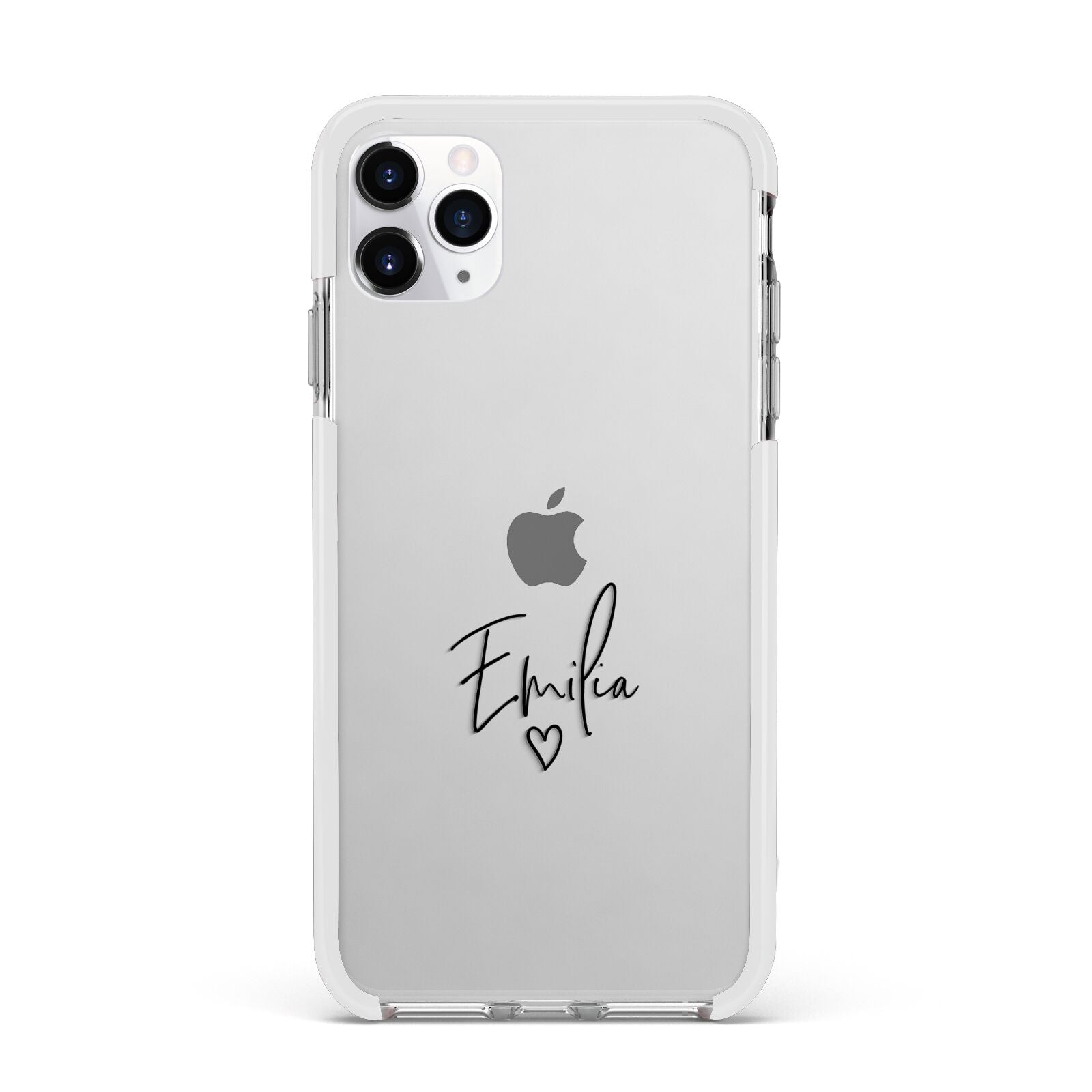 Transparent Black Handwritten Name Apple iPhone 11 Pro Max in Silver with White Impact Case