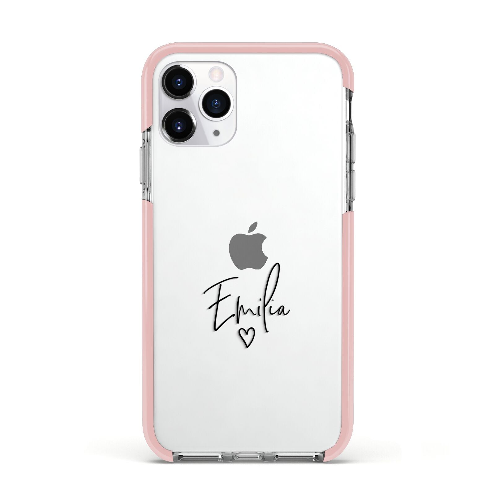 Transparent Black Handwritten Name Apple iPhone 11 Pro in Silver with Pink Impact Case