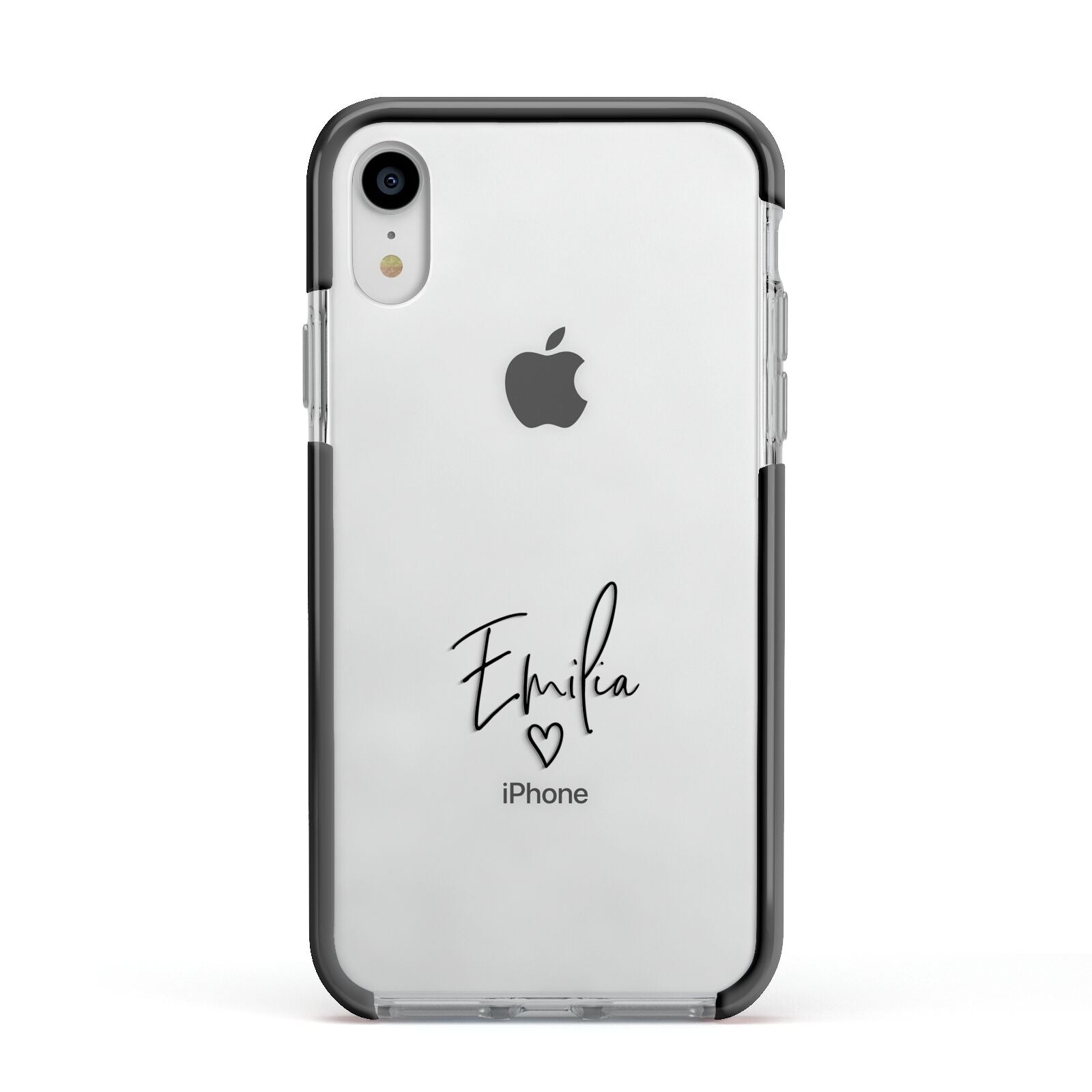 Transparent Black Handwritten Name Apple iPhone XR Impact Case Black Edge on Silver Phone