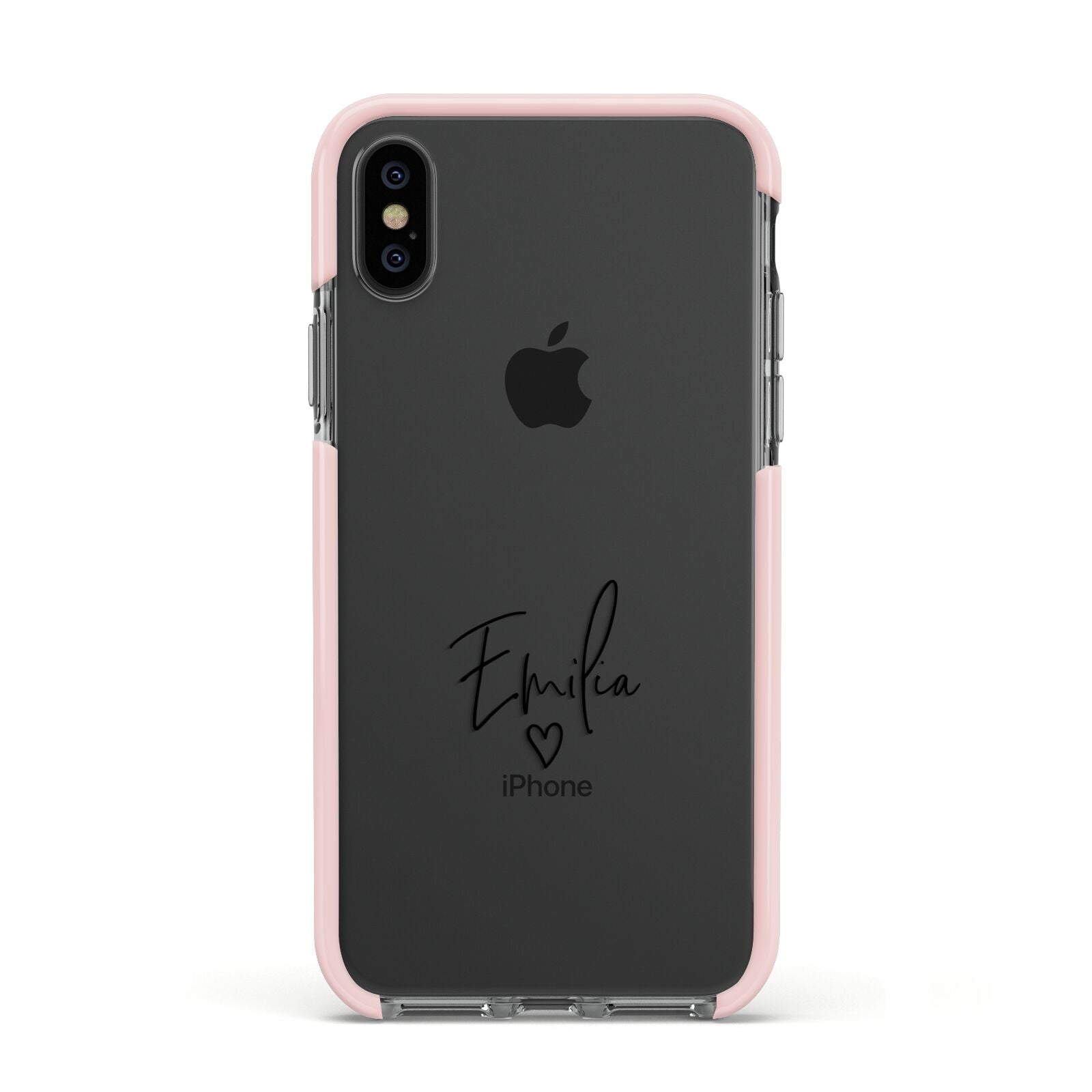 Transparent Black Handwritten Name Apple iPhone Xs Impact Case Pink Edge on Black Phone