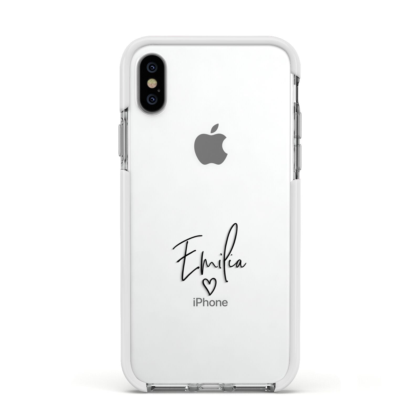 Transparent Black Handwritten Name Apple iPhone Xs Impact Case White Edge on Silver Phone