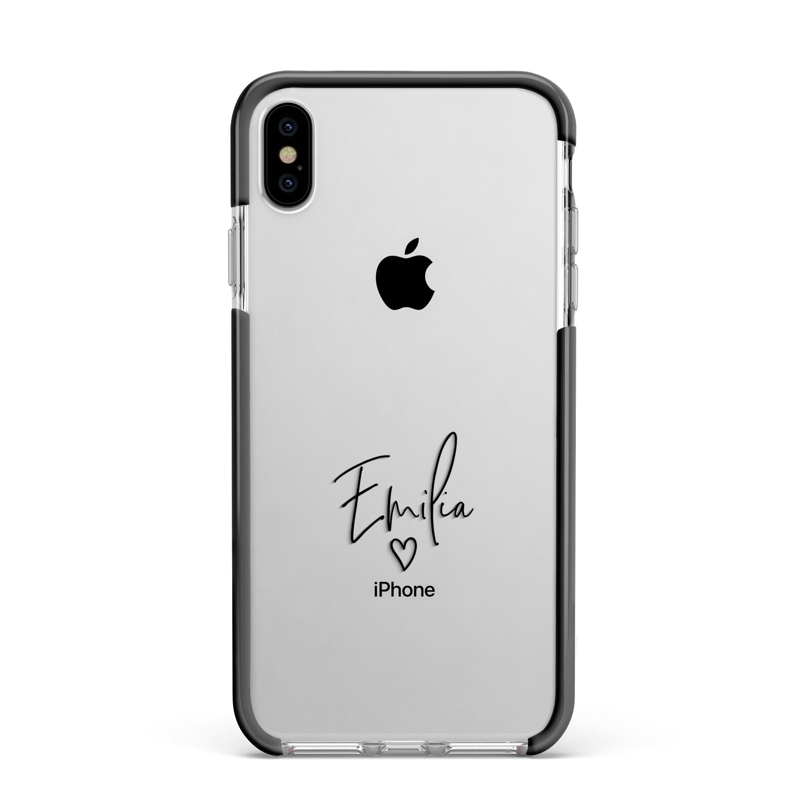 Transparent Black Handwritten Name Apple iPhone Xs Max Impact Case Black Edge on Silver Phone