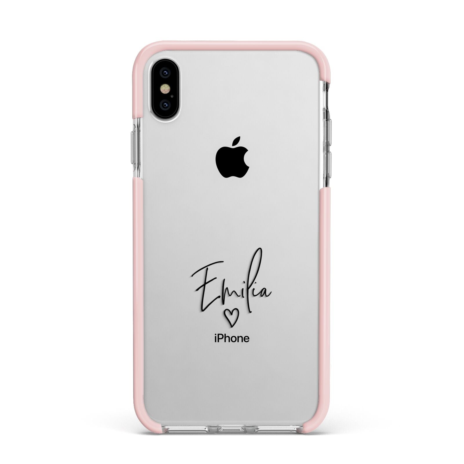 Transparent Black Handwritten Name Apple iPhone Xs Max Impact Case Pink Edge on Silver Phone