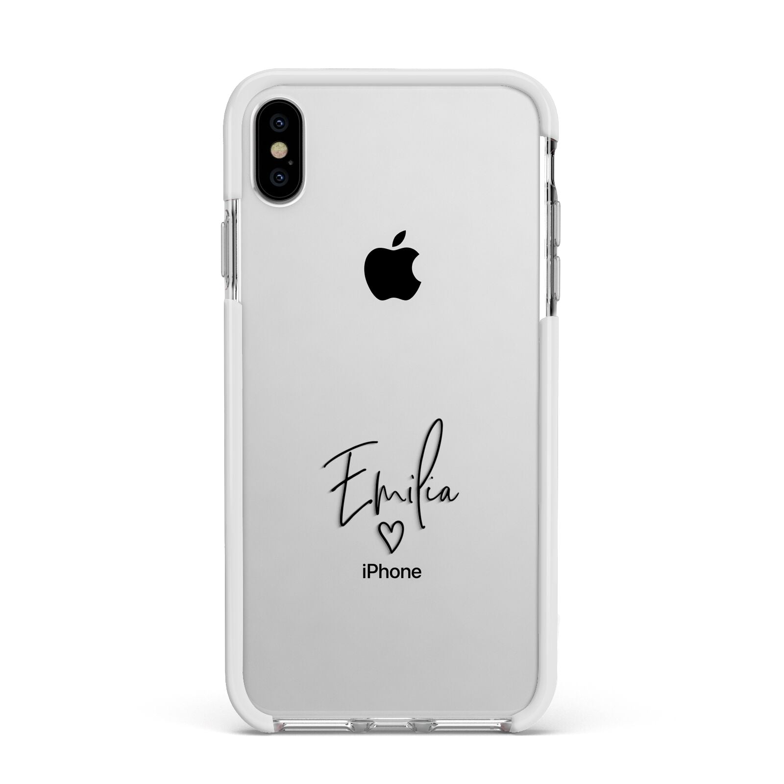 Transparent Black Handwritten Name Apple iPhone Xs Max Impact Case White Edge on Silver Phone
