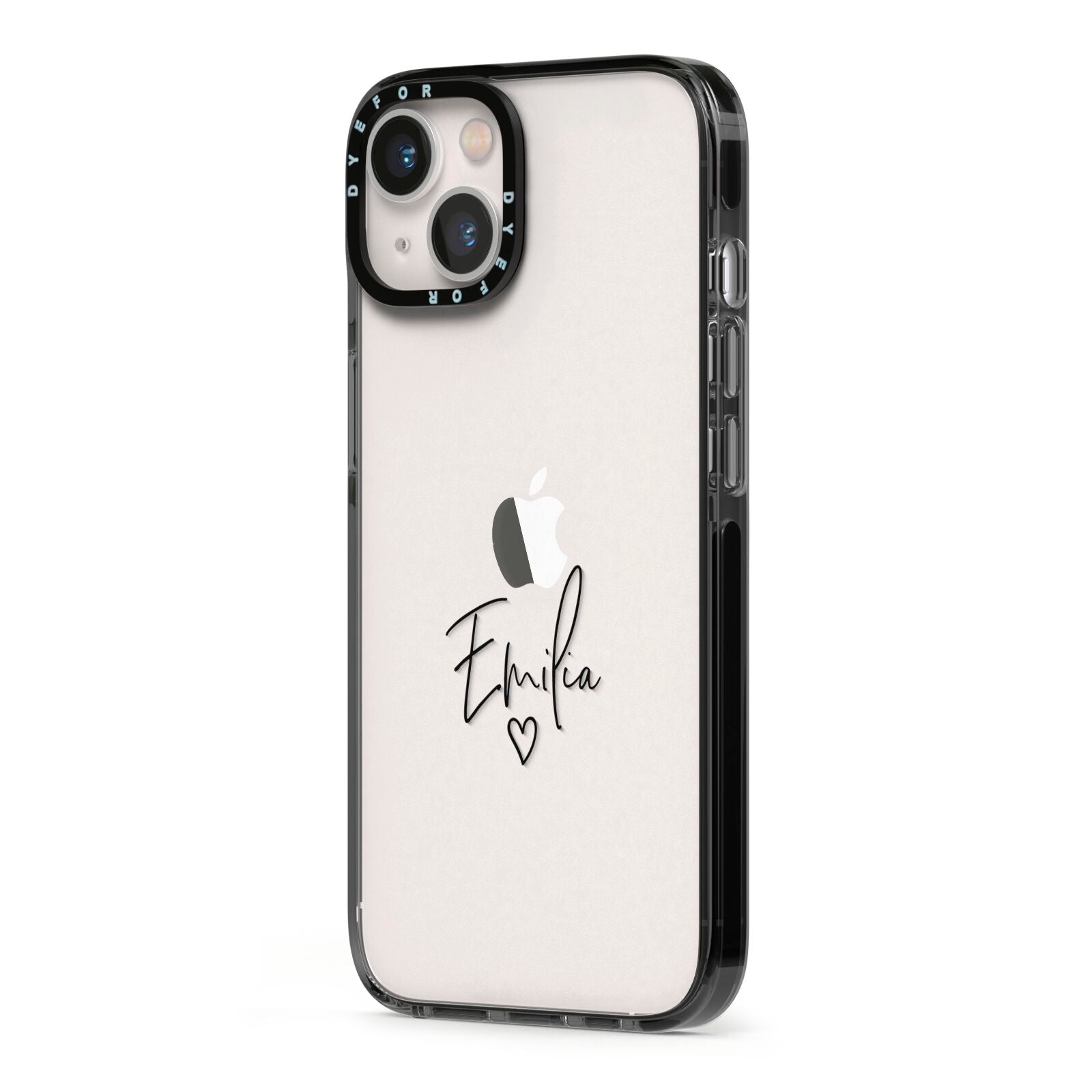 Transparent Black Handwritten Name iPhone 13 Black Impact Case Side Angle on Silver phone