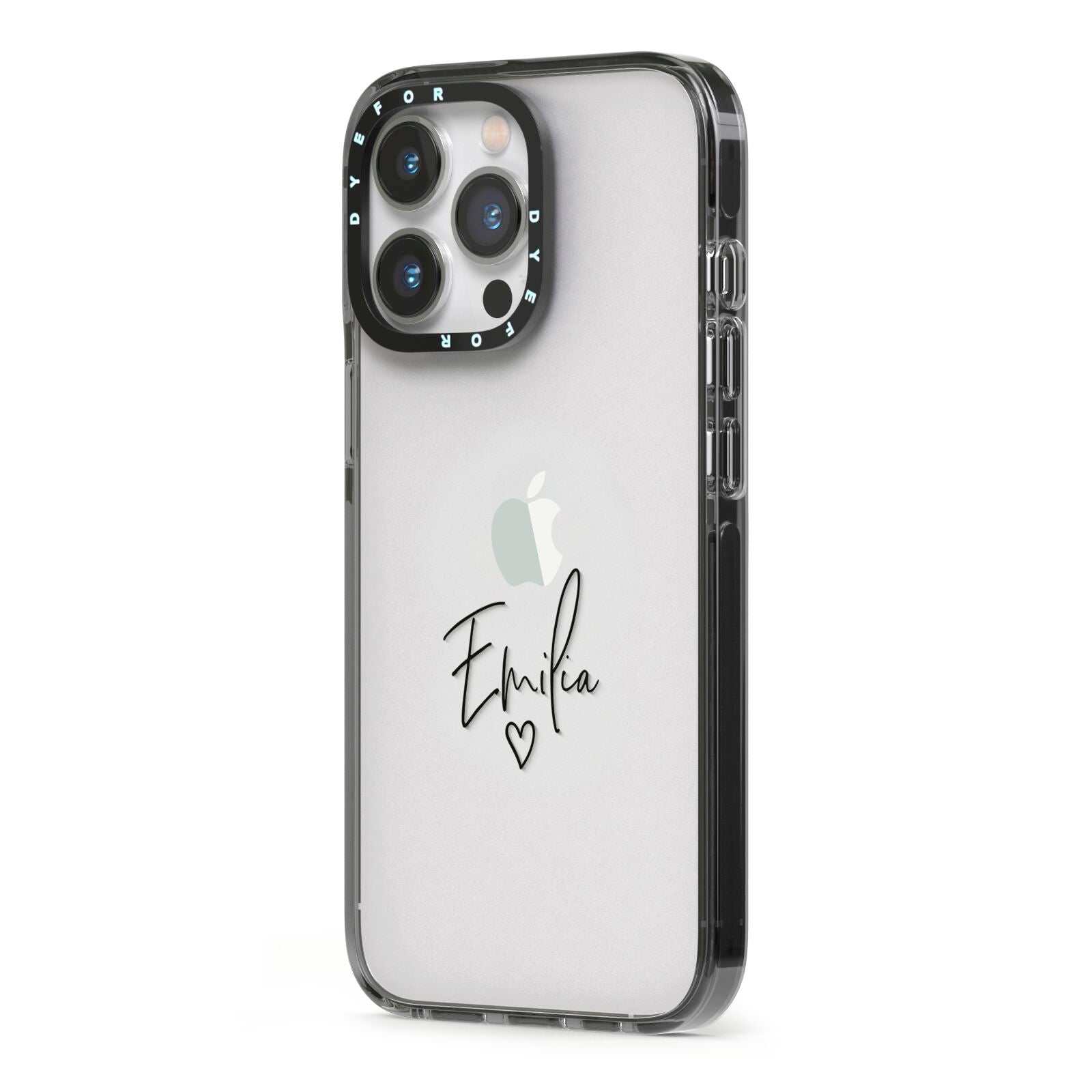 Transparent Black Handwritten Name iPhone 13 Pro Black Impact Case Side Angle on Silver phone