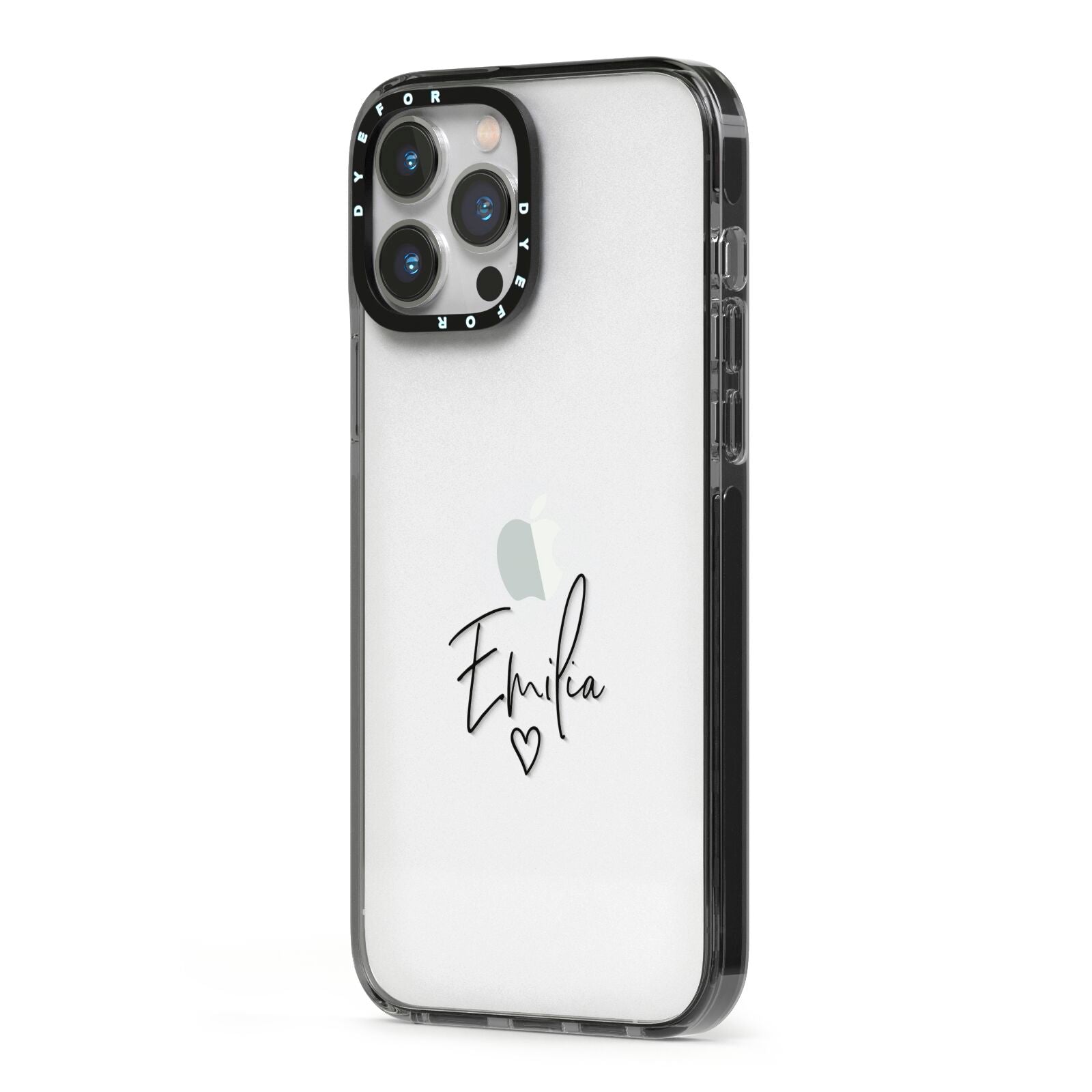 Transparent Black Handwritten Name iPhone 13 Pro Max Black Impact Case Side Angle on Silver phone