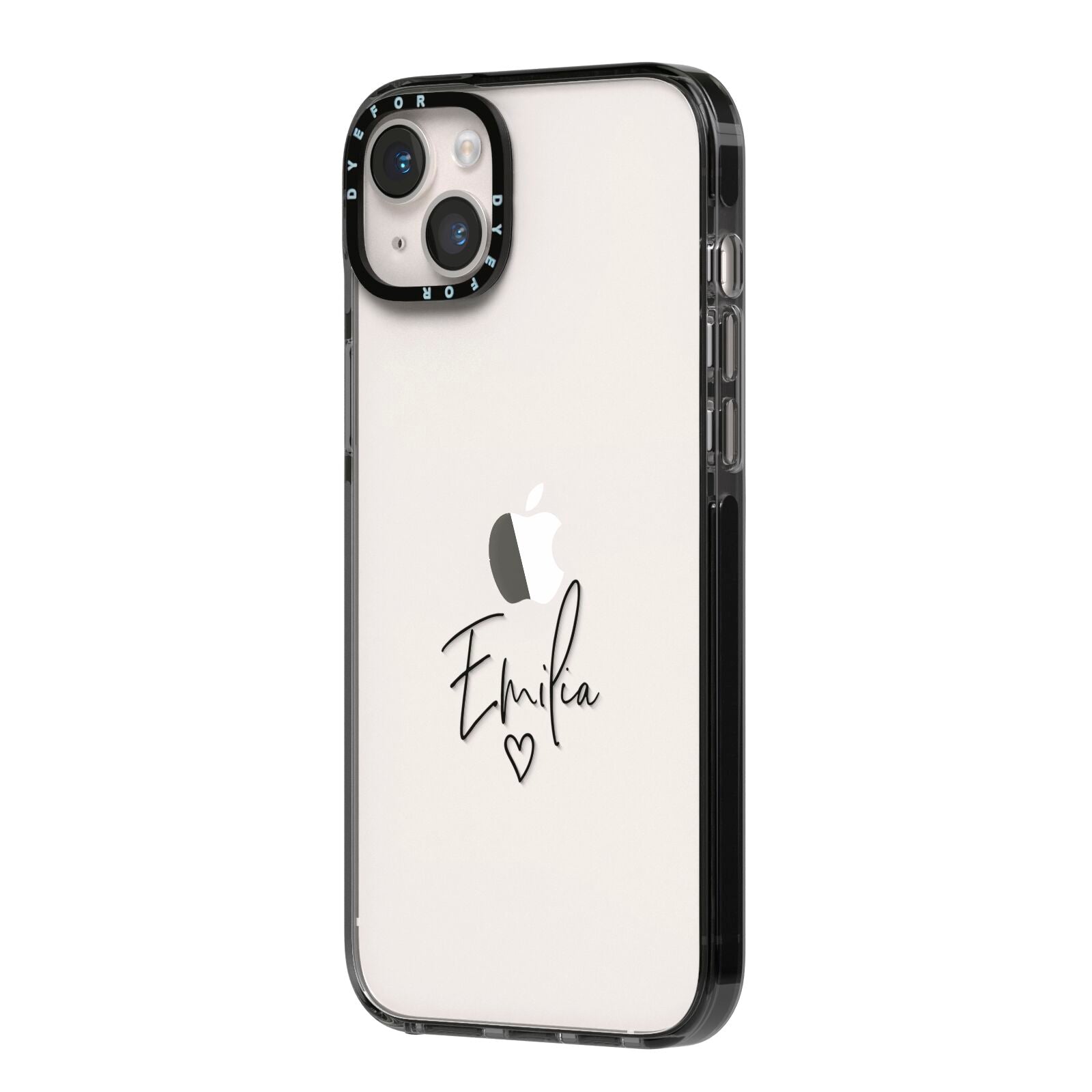 Transparent Black Handwritten Name iPhone 14 Plus Black Impact Case Side Angle on Silver phone