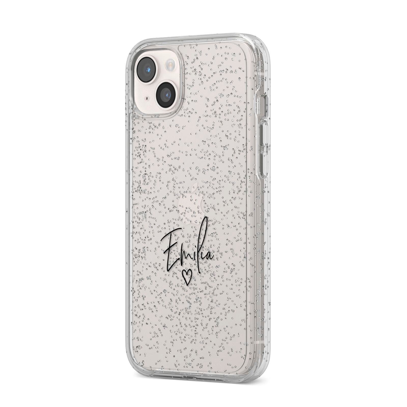 Transparent Black Handwritten Name iPhone 14 Plus Glitter Tough Case Starlight Angled Image