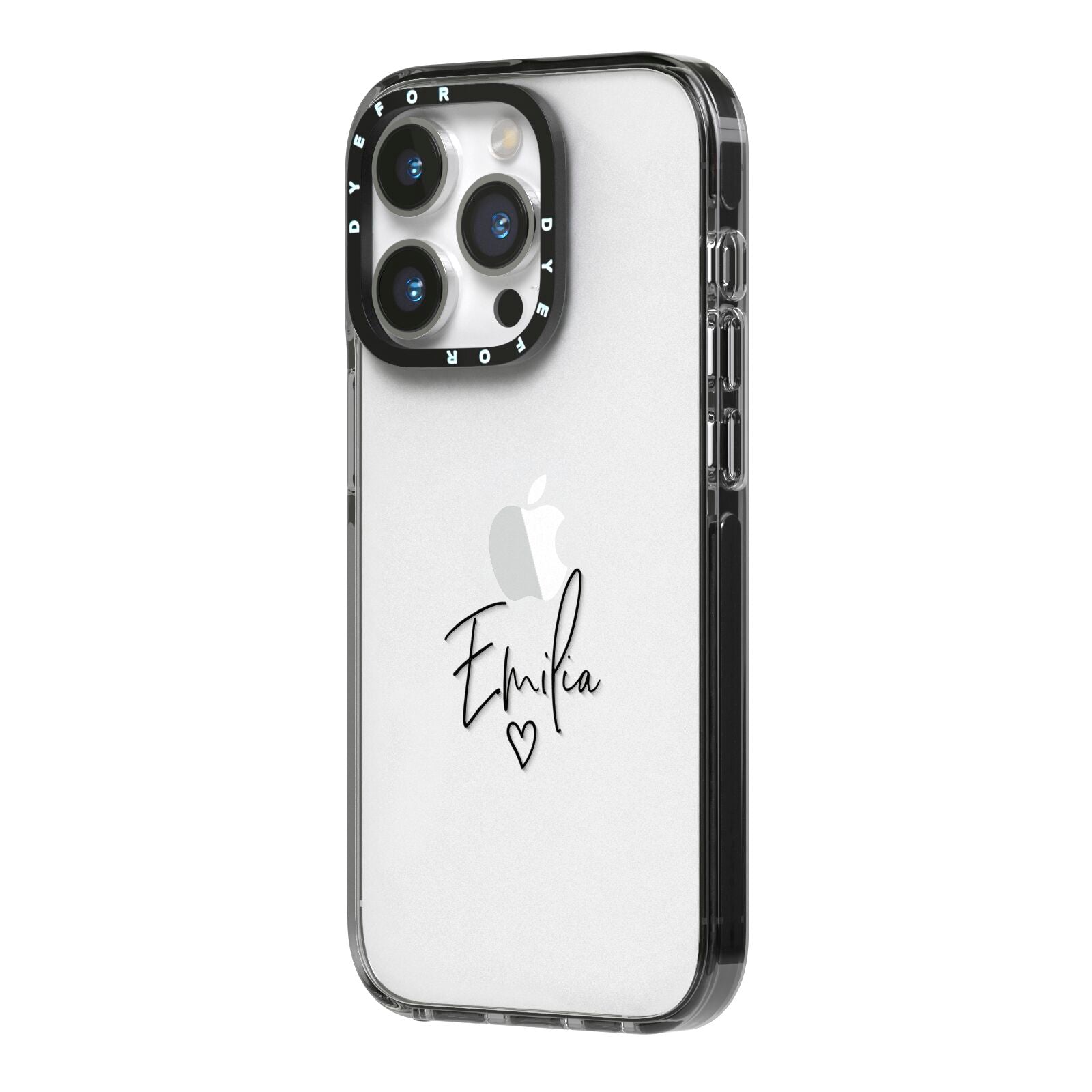 Transparent Black Handwritten Name iPhone 14 Pro Black Impact Case Side Angle on Silver phone