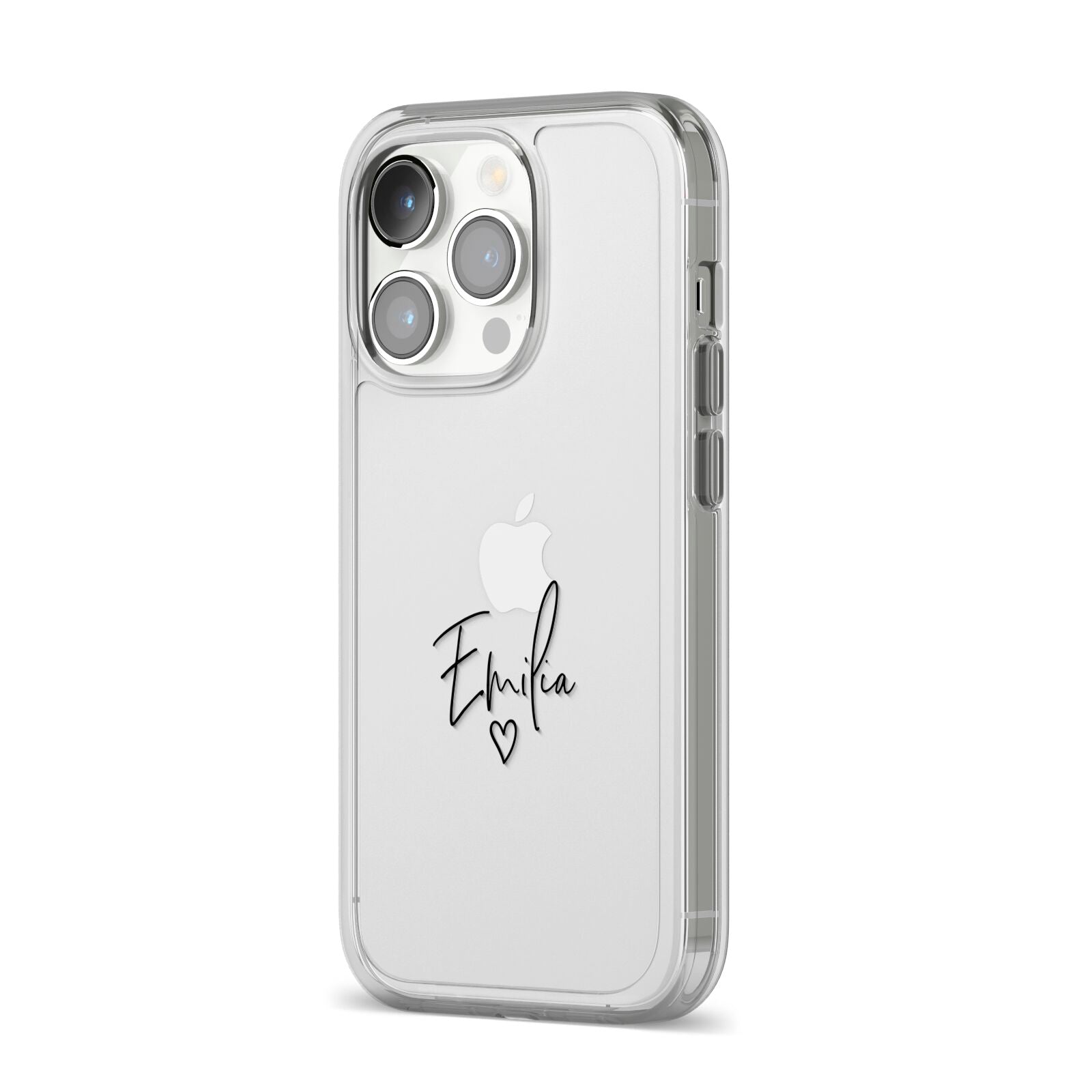 Transparent Black Handwritten Name iPhone 14 Pro Clear Tough Case Silver Angled Image