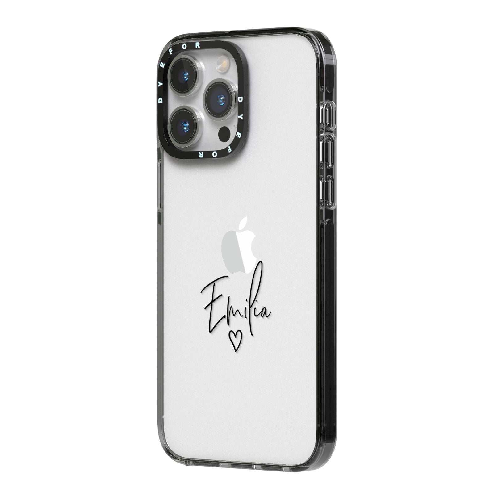 Transparent Black Handwritten Name iPhone 14 Pro Max Black Impact Case Side Angle on Silver phone