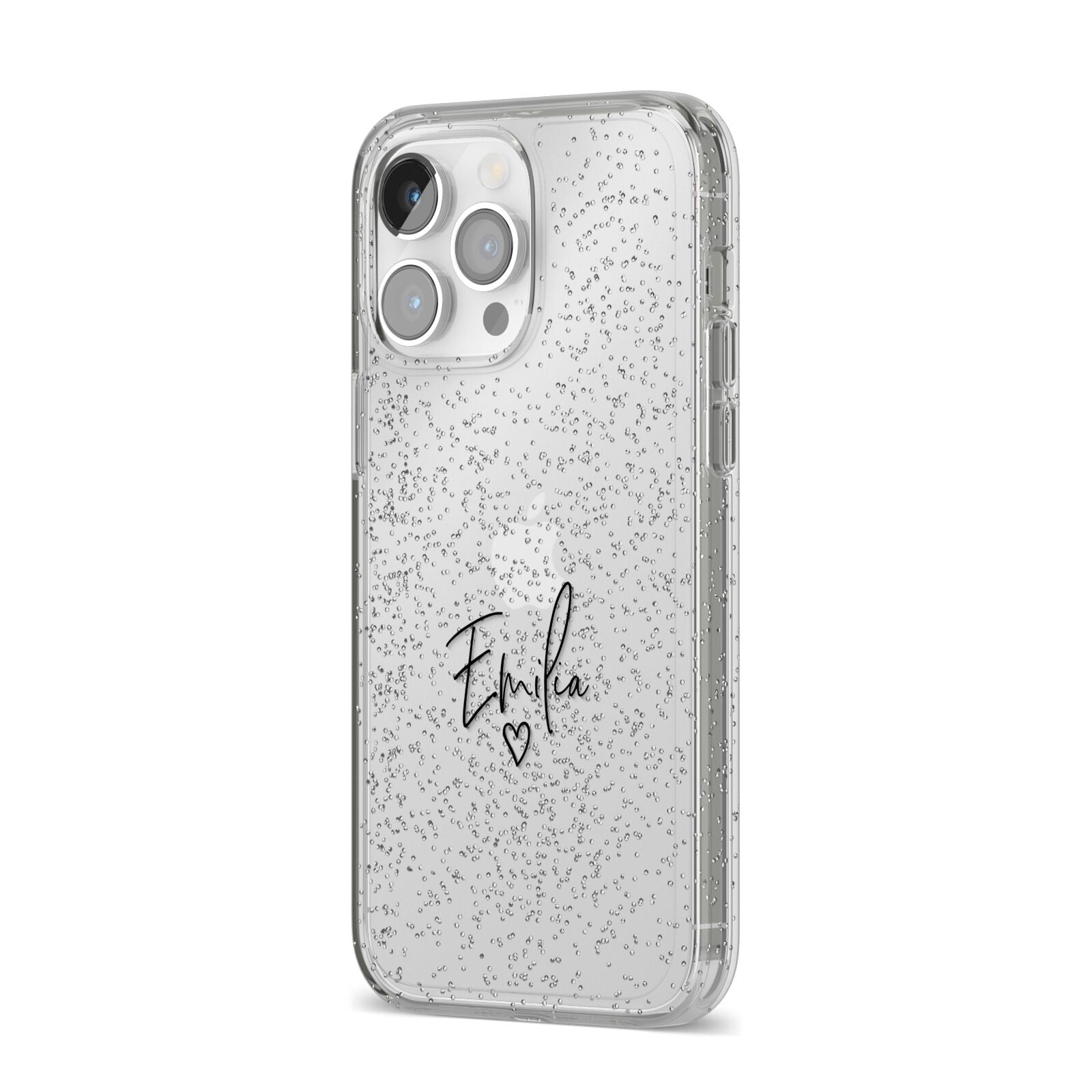 Transparent Black Handwritten Name iPhone 14 Pro Max Glitter Tough Case Silver Angled Image