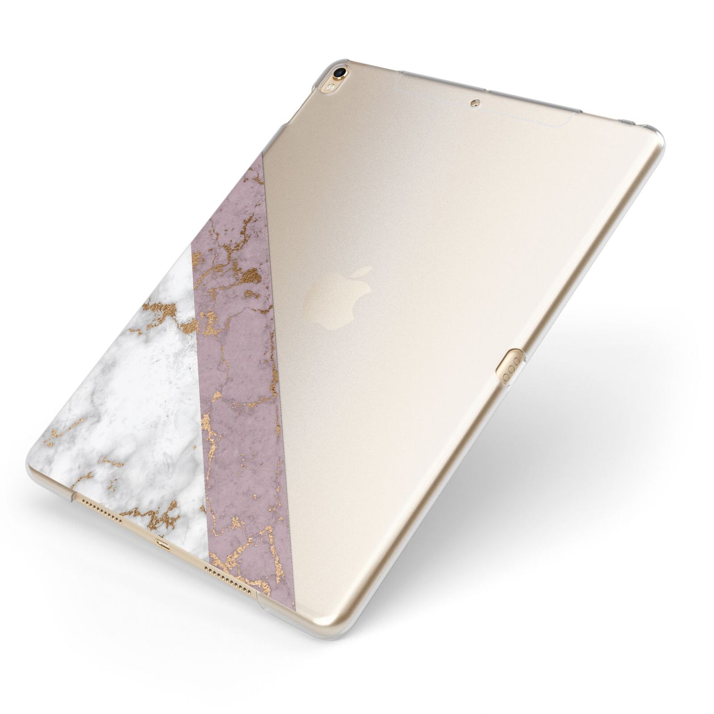 Transparent Pink and White Marble Apple iPad Case on Gold iPad Side View