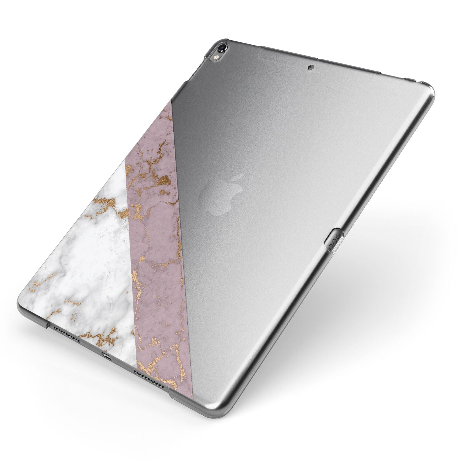Transparent Pink and White Marble Apple iPad Case on Grey iPad Side View