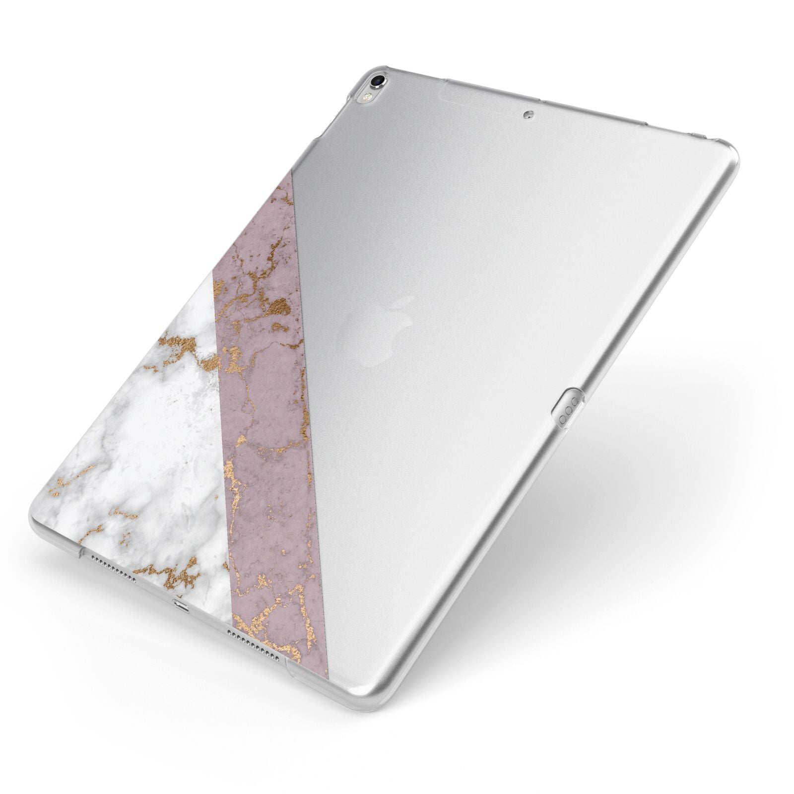 Transparent Pink and White Marble Apple iPad Case on Silver iPad Side View