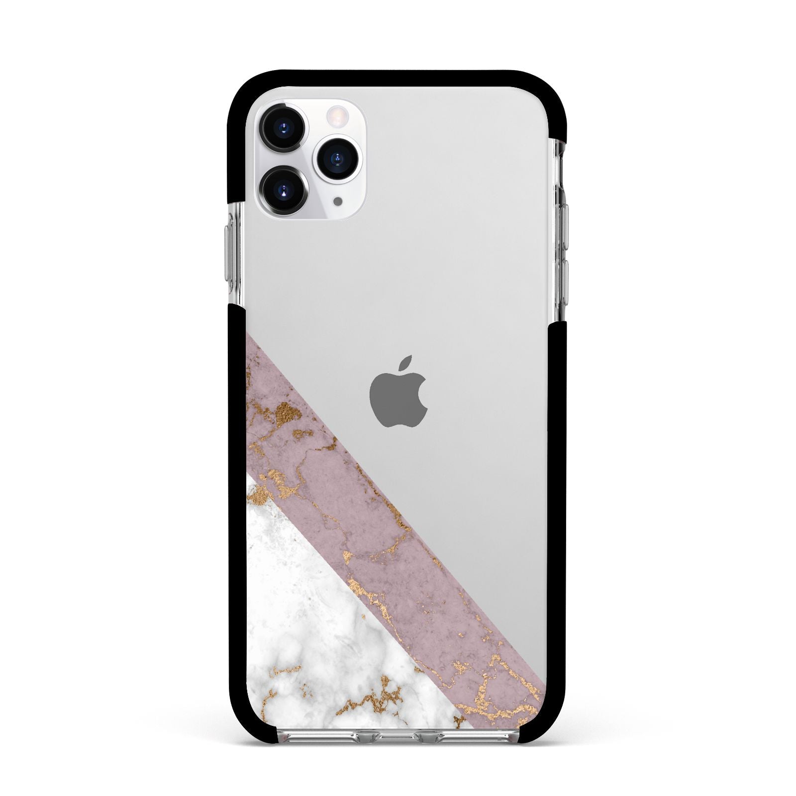 Transparent Pink and White Marble Apple iPhone 11 Pro Max in Silver with Black Impact Case