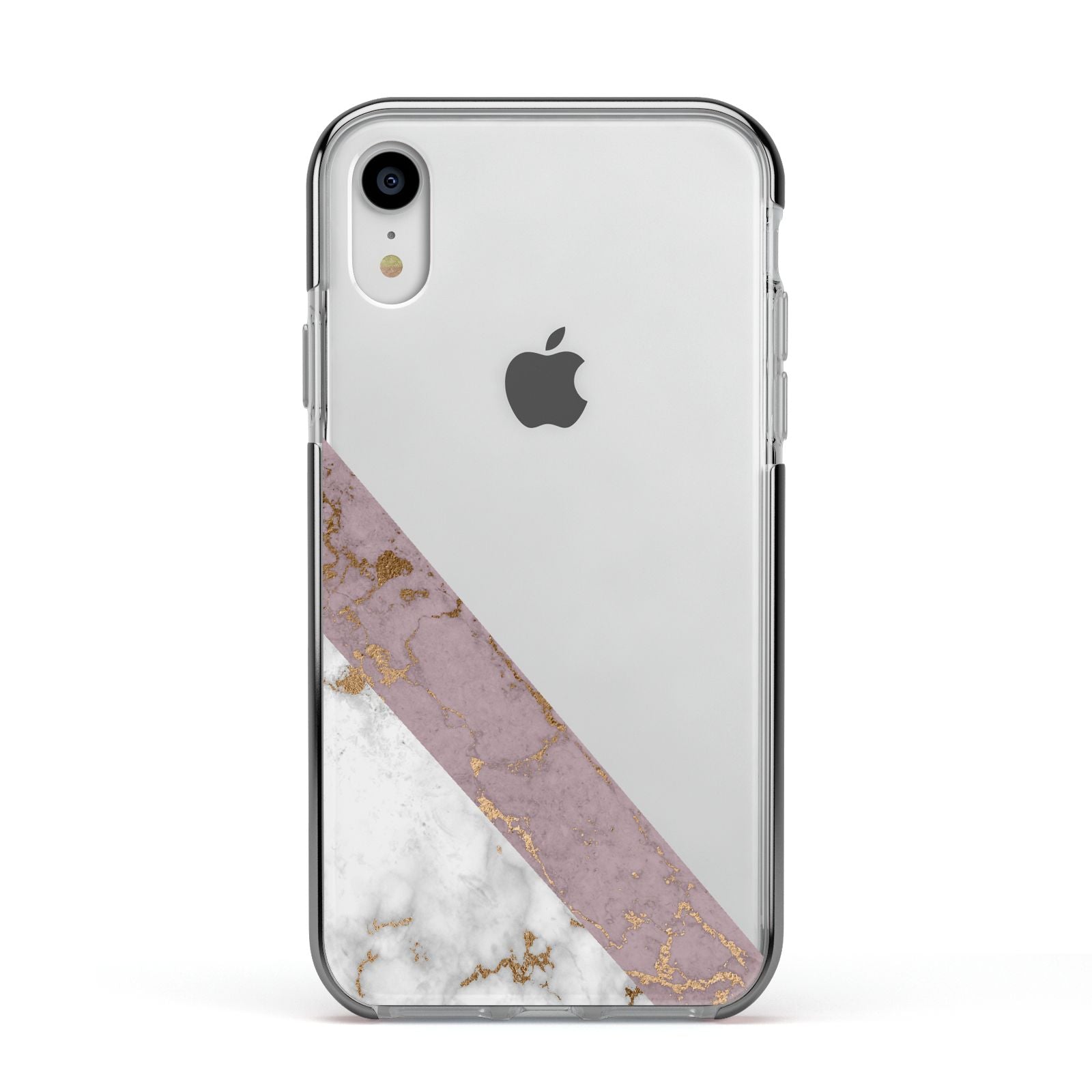 Transparent Pink and White Marble Apple iPhone XR Impact Case Black Edge on Silver Phone
