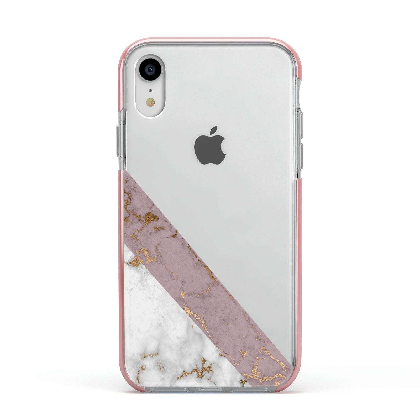 Transparent Pink and White Marble Apple iPhone XR Impact Case Pink Edge on Silver Phone