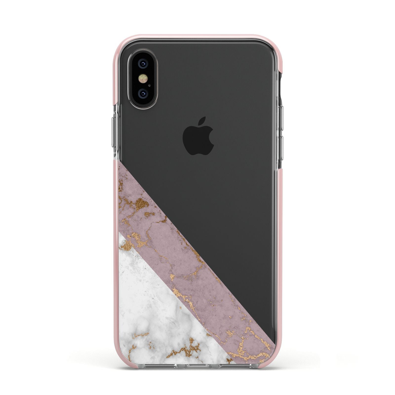 Transparent Pink and White Marble Apple iPhone Xs Impact Case Pink Edge on Black Phone