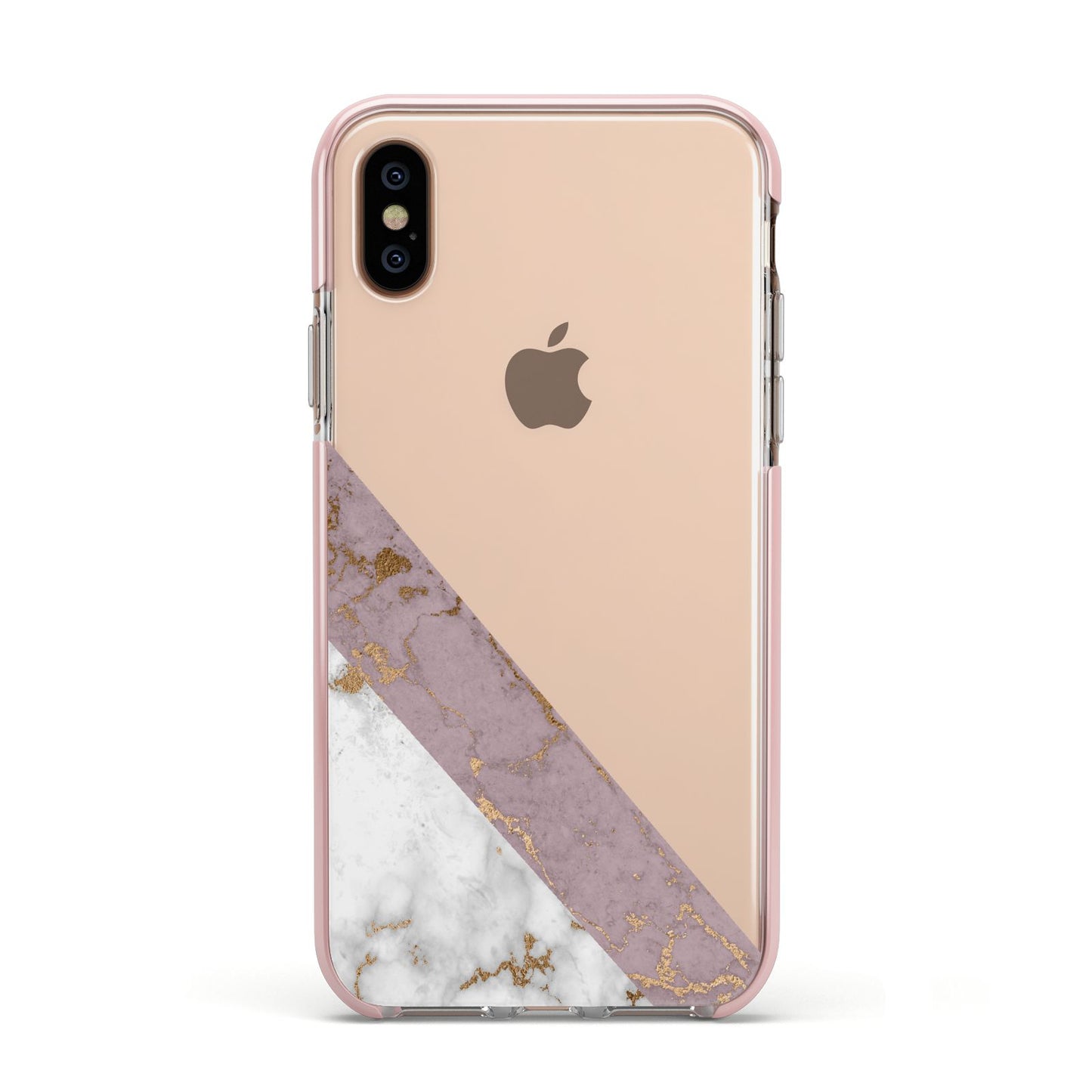 Transparent Pink and White Marble Apple iPhone Xs Impact Case Pink Edge on Gold Phone