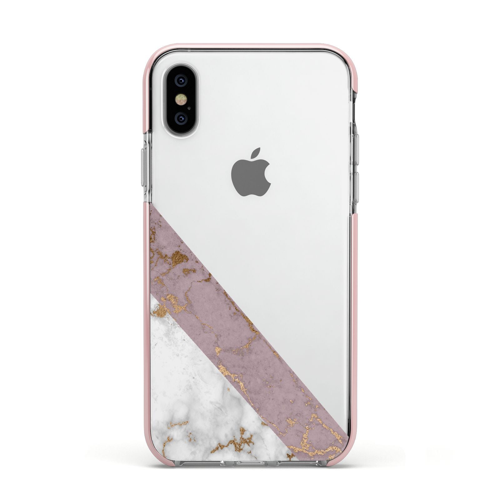 Transparent Pink and White Marble Apple iPhone Xs Impact Case Pink Edge on Silver Phone