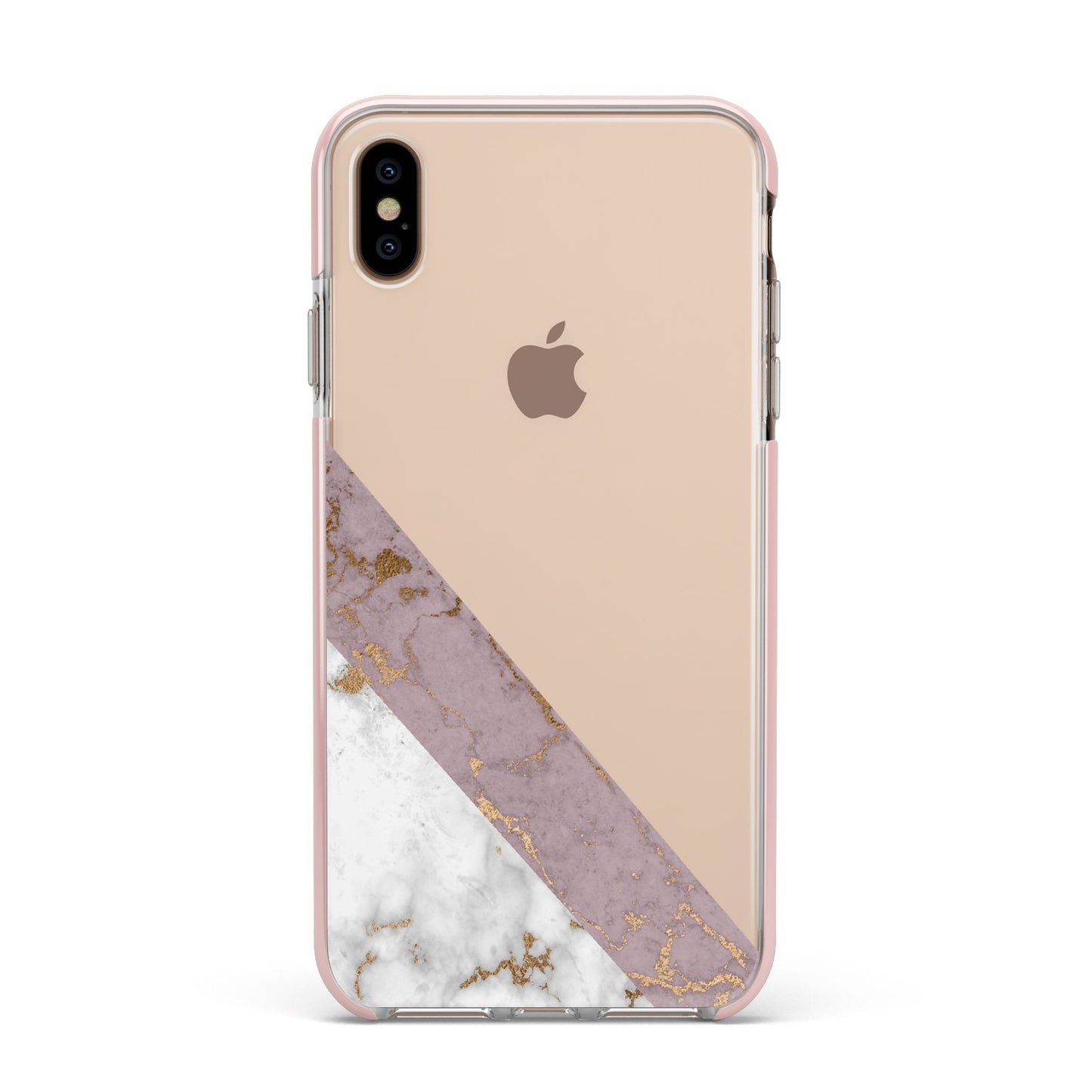 Transparent Pink and White Marble Apple iPhone Xs Max Impact Case Pink Edge on Gold Phone