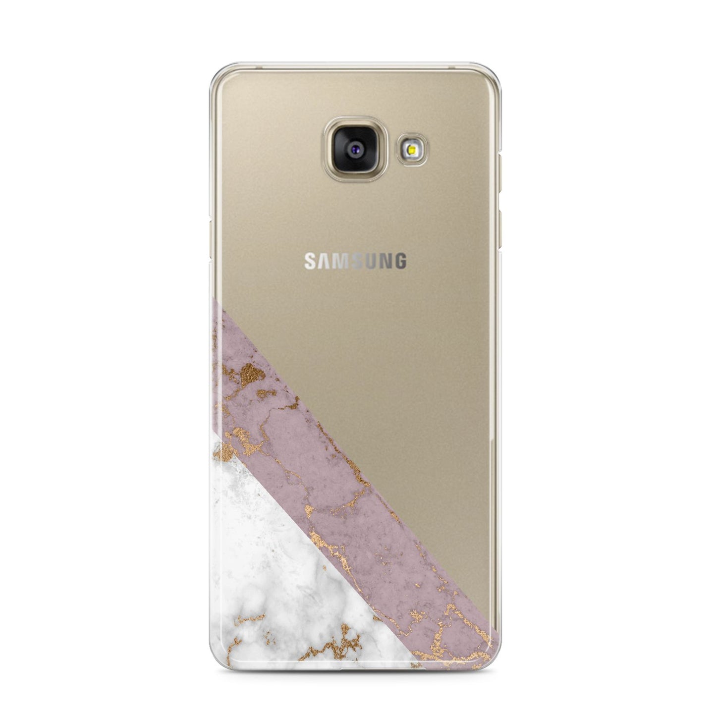 Transparent Pink and White Marble Samsung Galaxy A3 2016 Case on gold phone