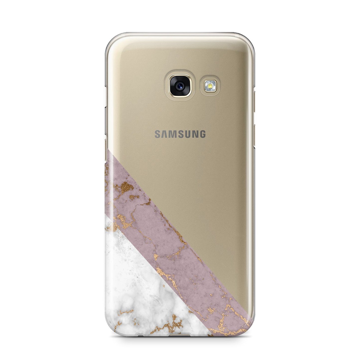 Transparent Pink and White Marble Samsung Galaxy A3 2017 Case on gold phone