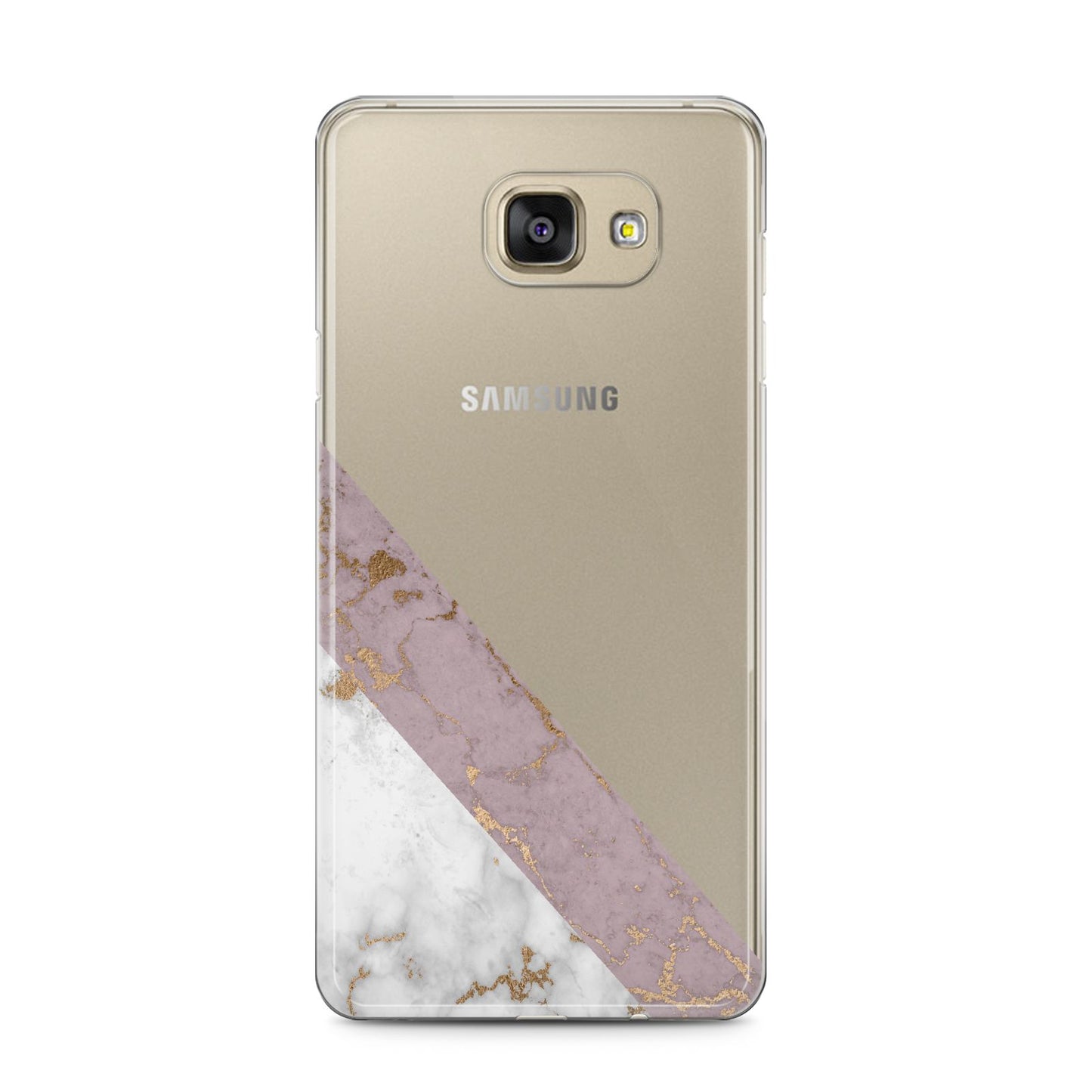 Transparent Pink and White Marble Samsung Galaxy A5 2016 Case on gold phone
