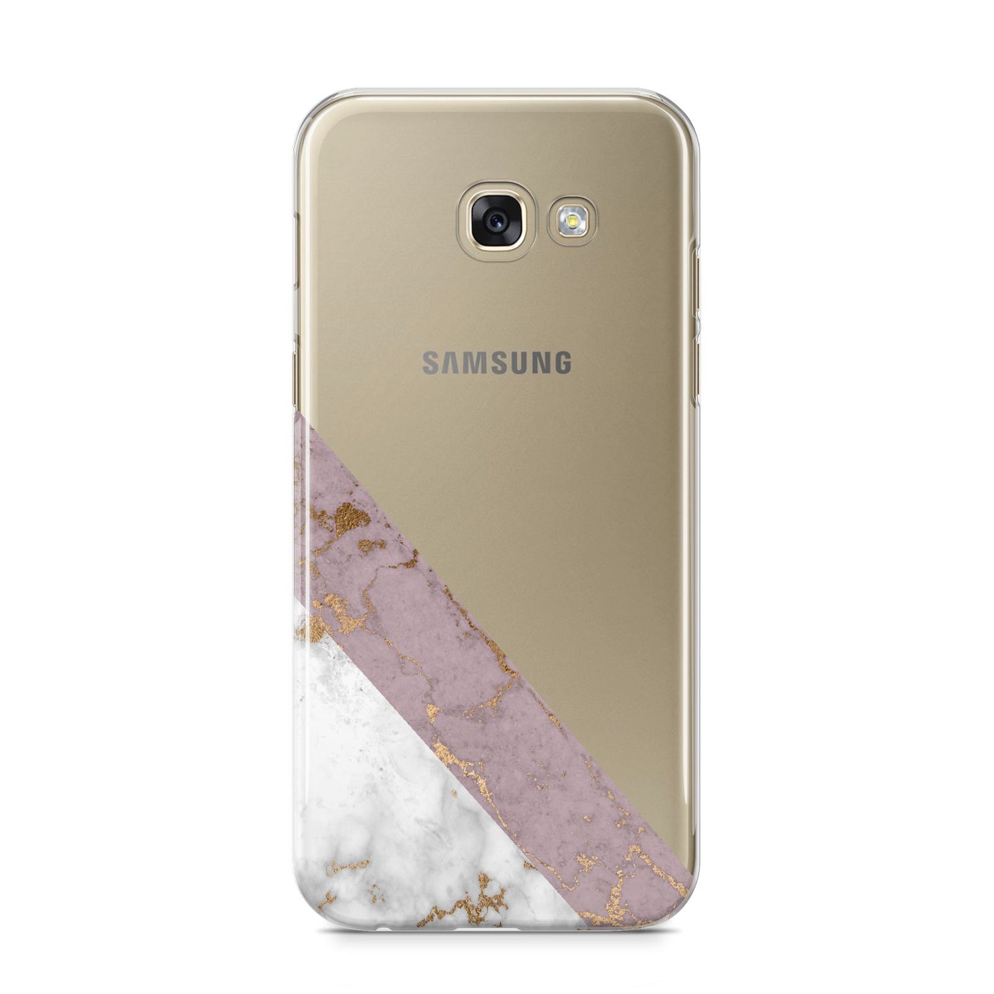 Transparent Pink and White Marble Samsung Galaxy A5 2017 Case on gold phone