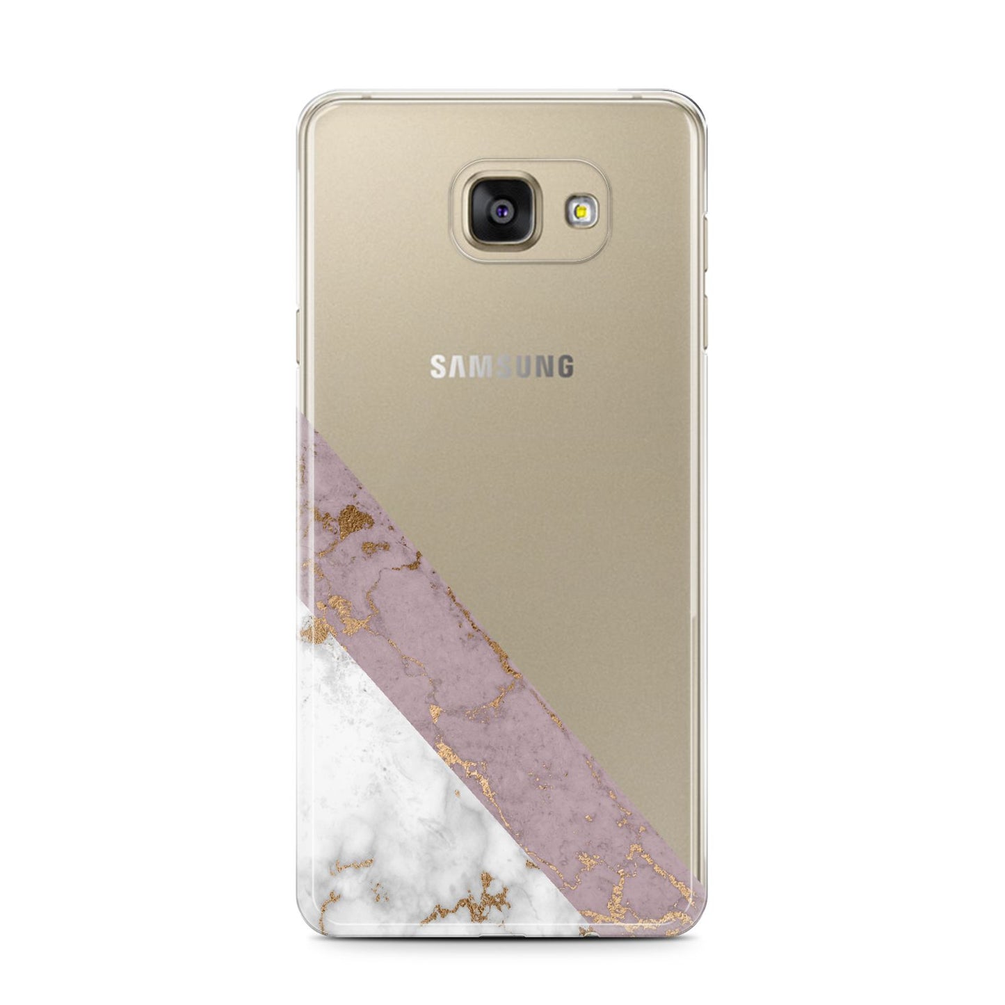 Transparent Pink and White Marble Samsung Galaxy A7 2016 Case on gold phone