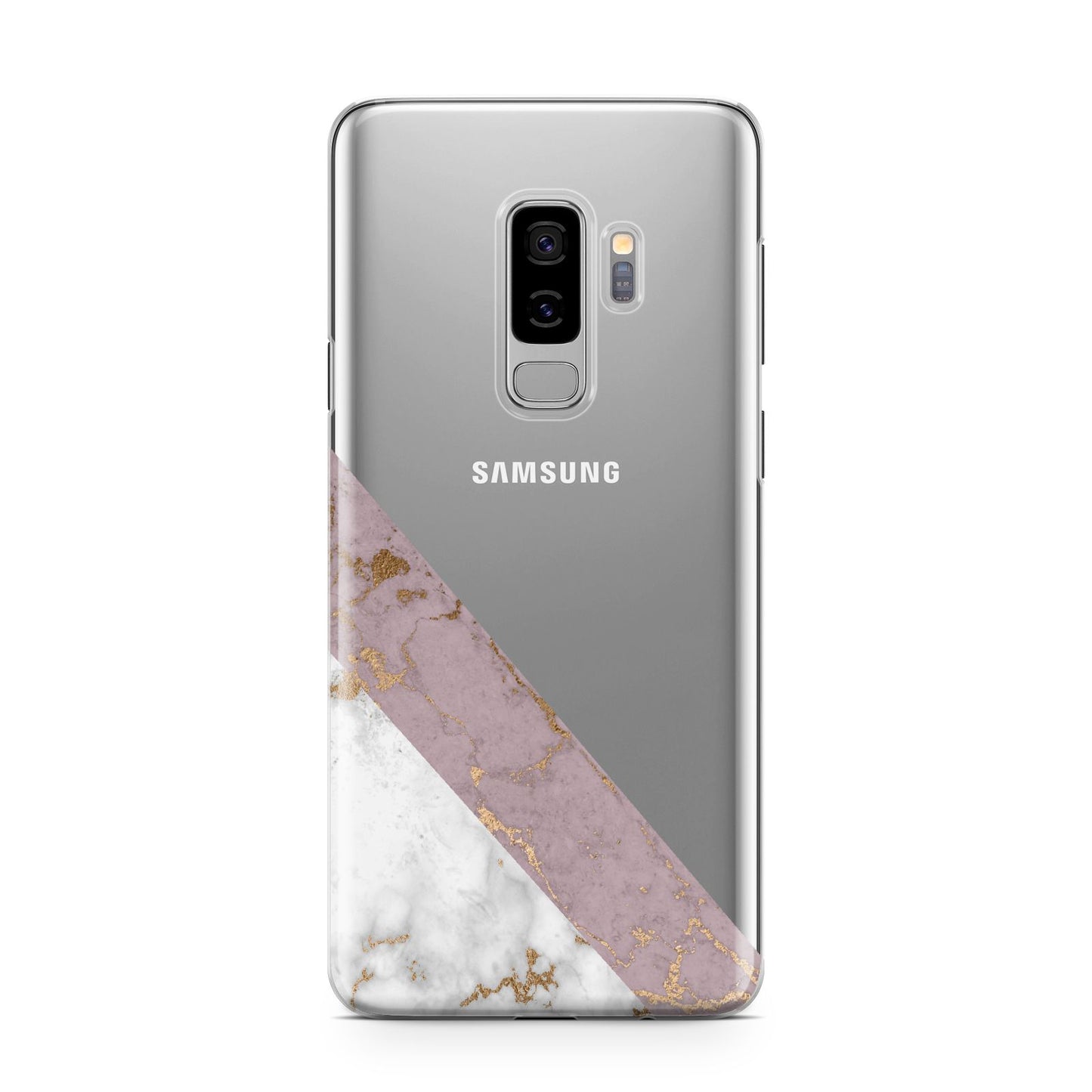 Transparent Pink and White Marble Samsung Galaxy S9 Plus Case on Silver phone