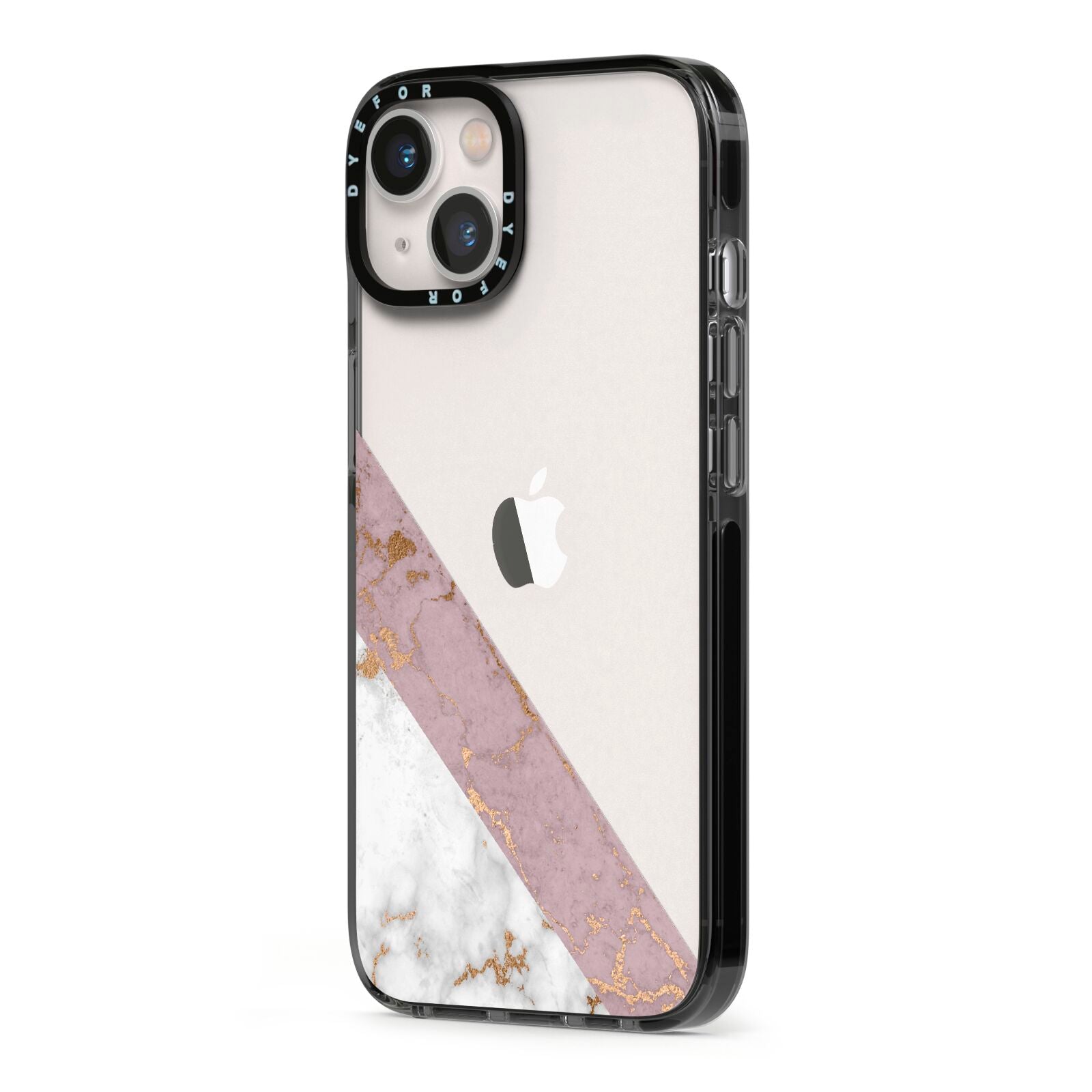 Transparent Pink and White Marble iPhone 13 Black Impact Case Side Angle on Silver phone