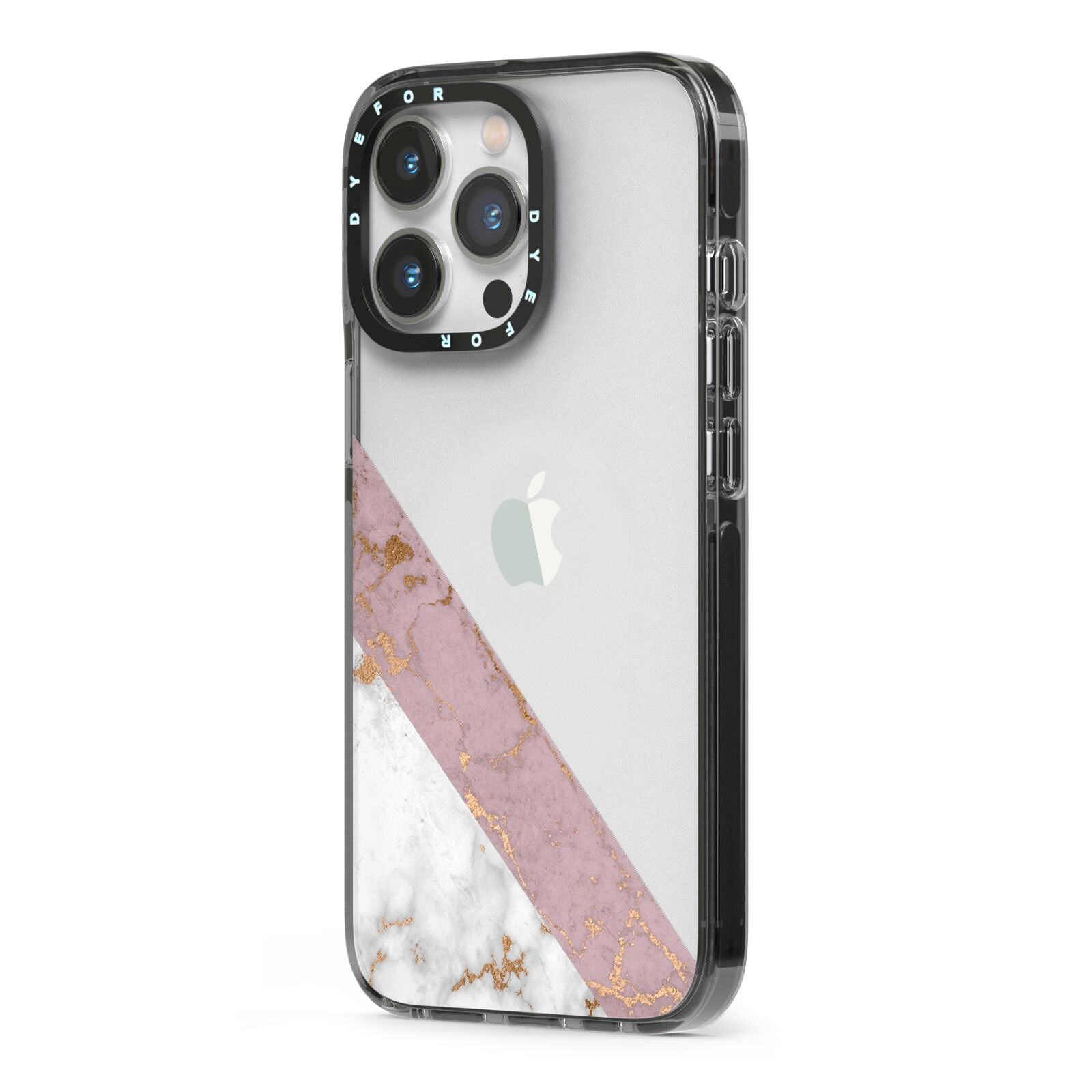 Transparent Pink and White Marble iPhone 13 Pro Black Impact Case Side Angle on Silver phone