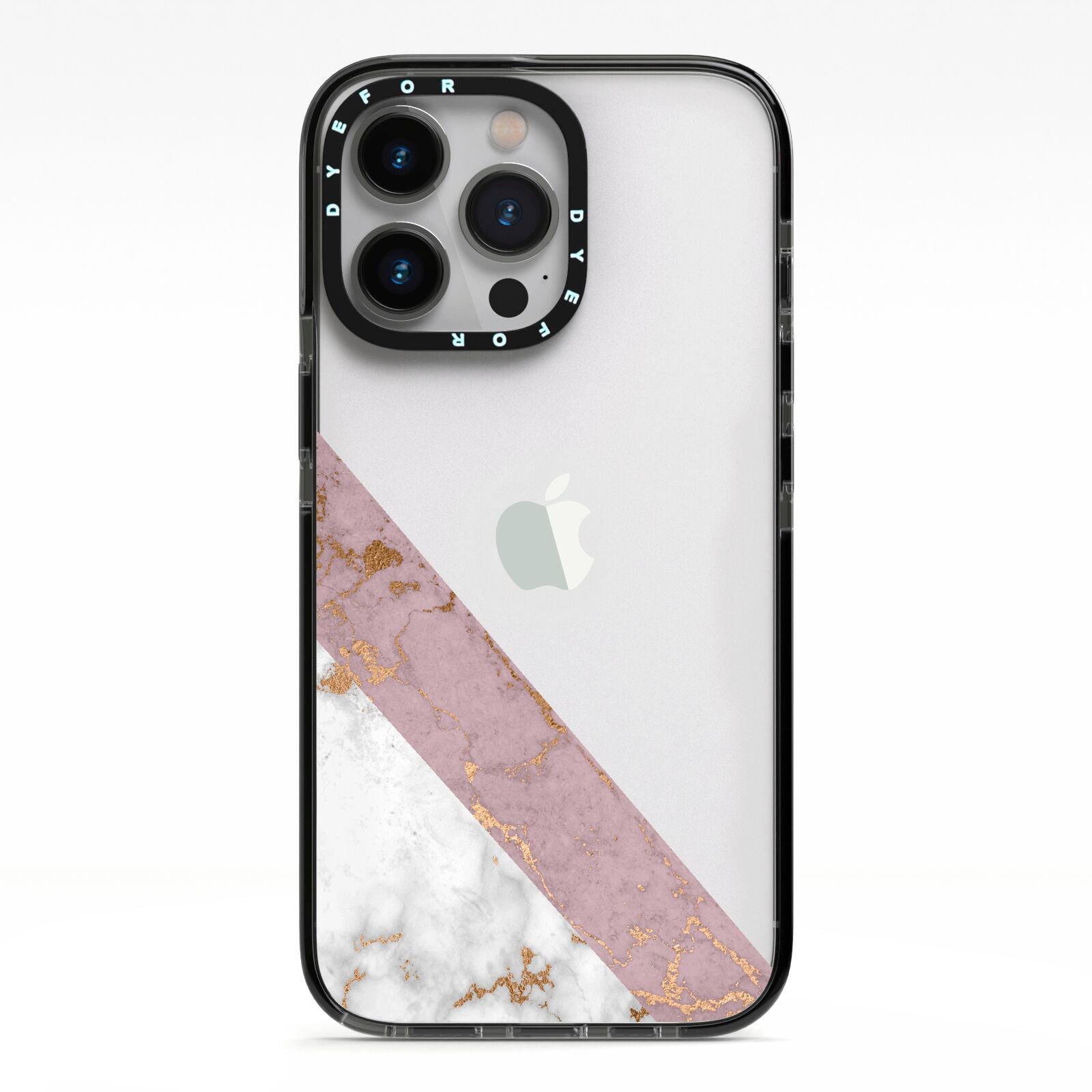 Transparent Pink and White Marble iPhone 13 Pro Black Impact Case on Silver phone