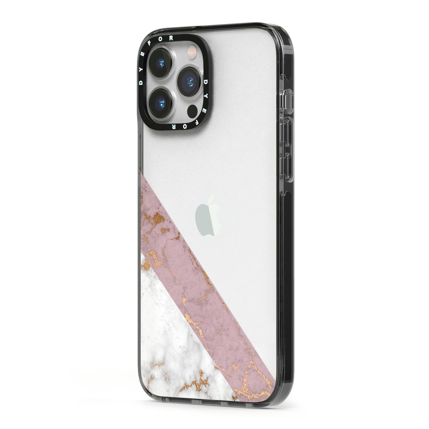 Transparent Pink and White Marble iPhone 13 Pro Max Black Impact Case Side Angle on Silver phone