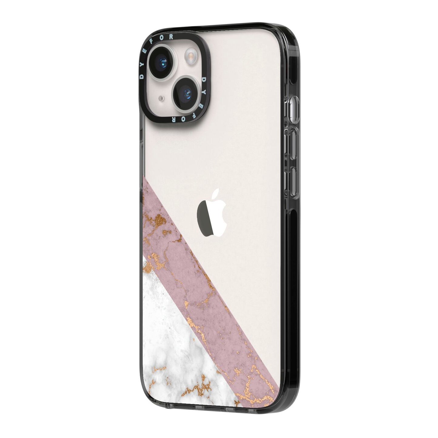 Transparent Pink and White Marble iPhone 14 Black Impact Case Side Angle on Silver phone