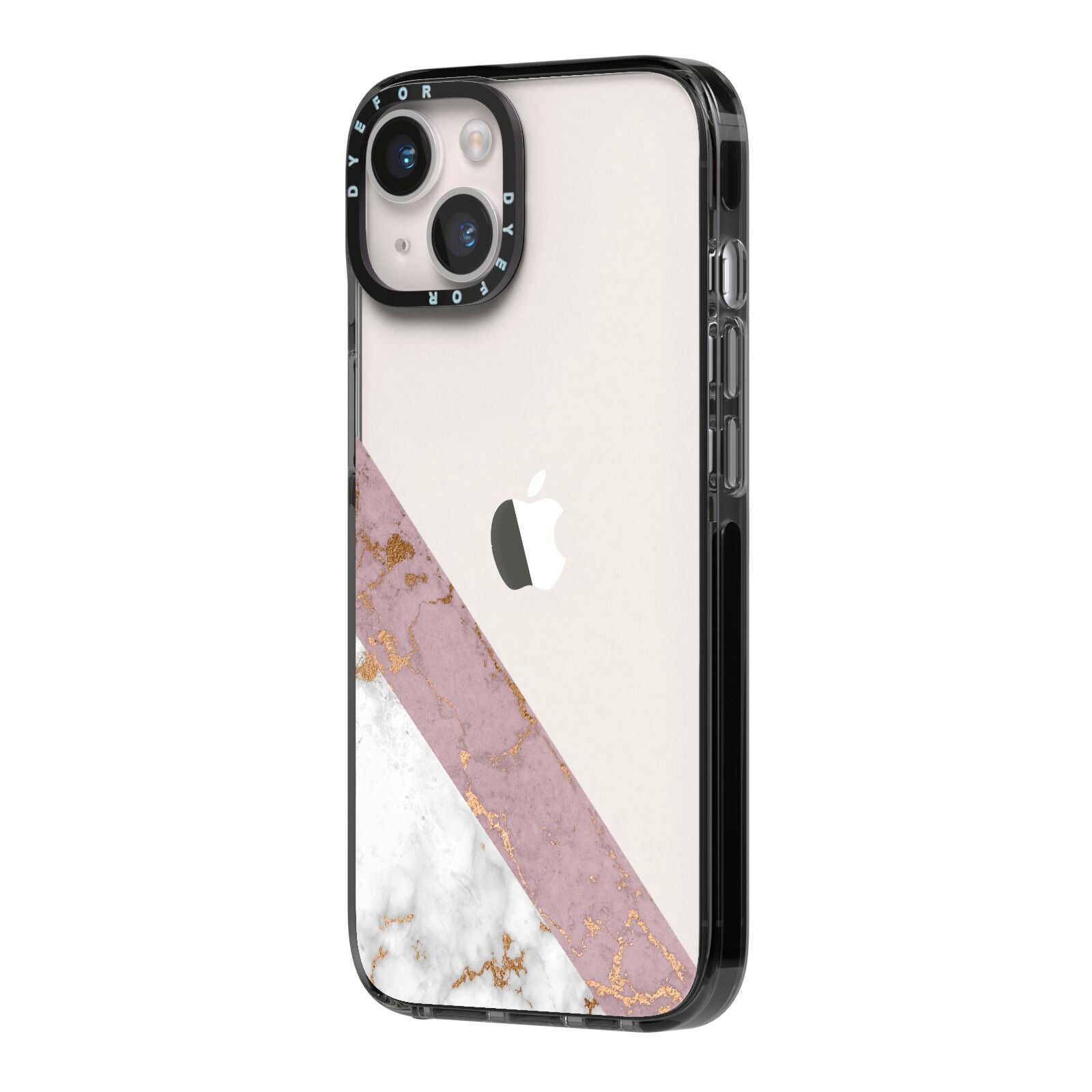 Transparent Pink and White Marble iPhone 14 Black Impact Case Side Angle on Silver phone