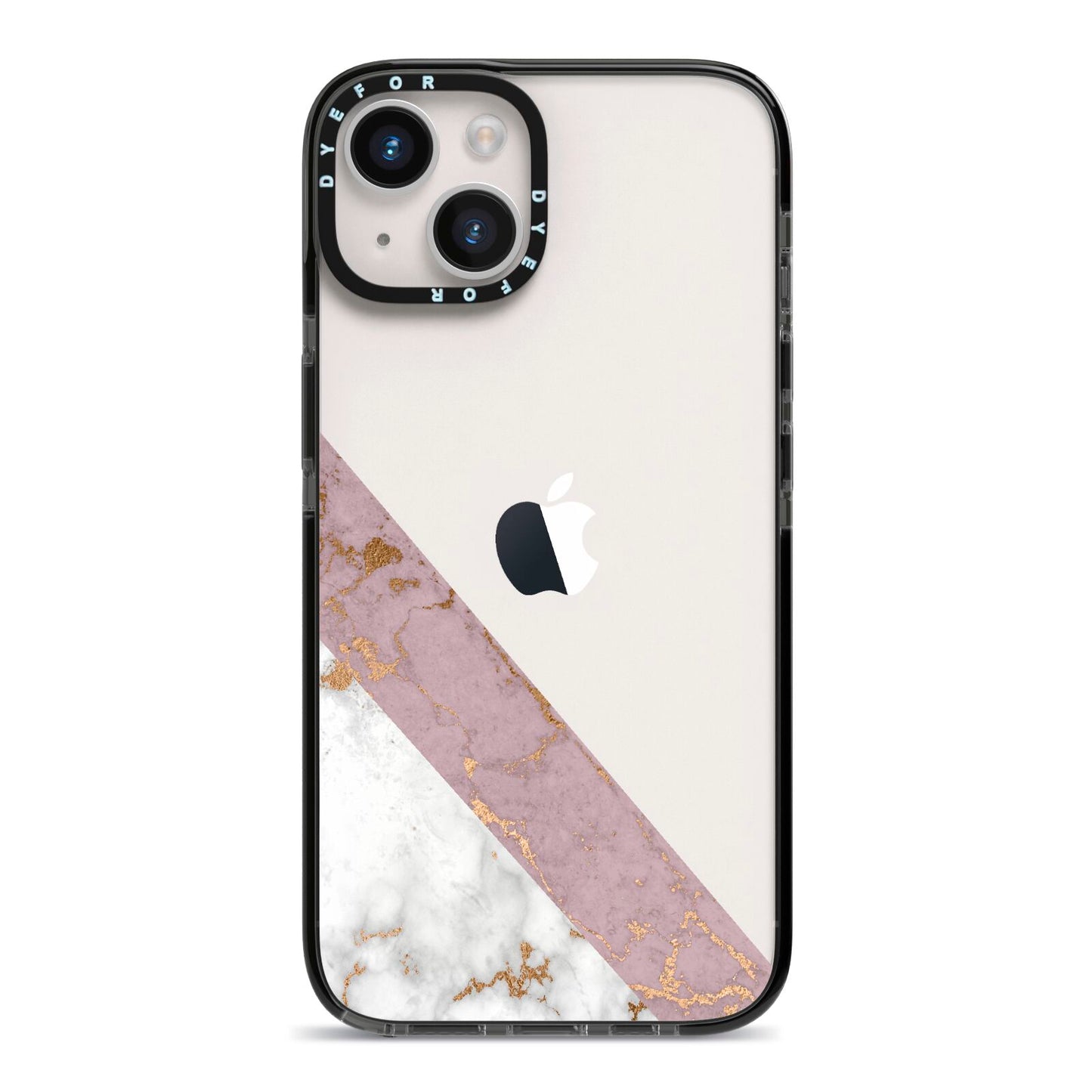 Transparent Pink and White Marble iPhone 14 Black Impact Case on Silver phone