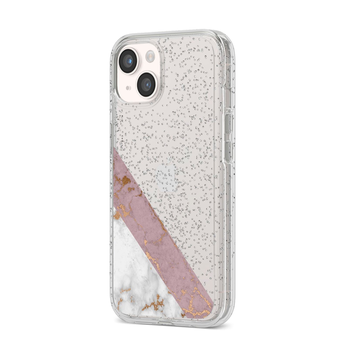 Transparent Pink and White Marble iPhone 14 Glitter Tough Case Starlight Angled Image