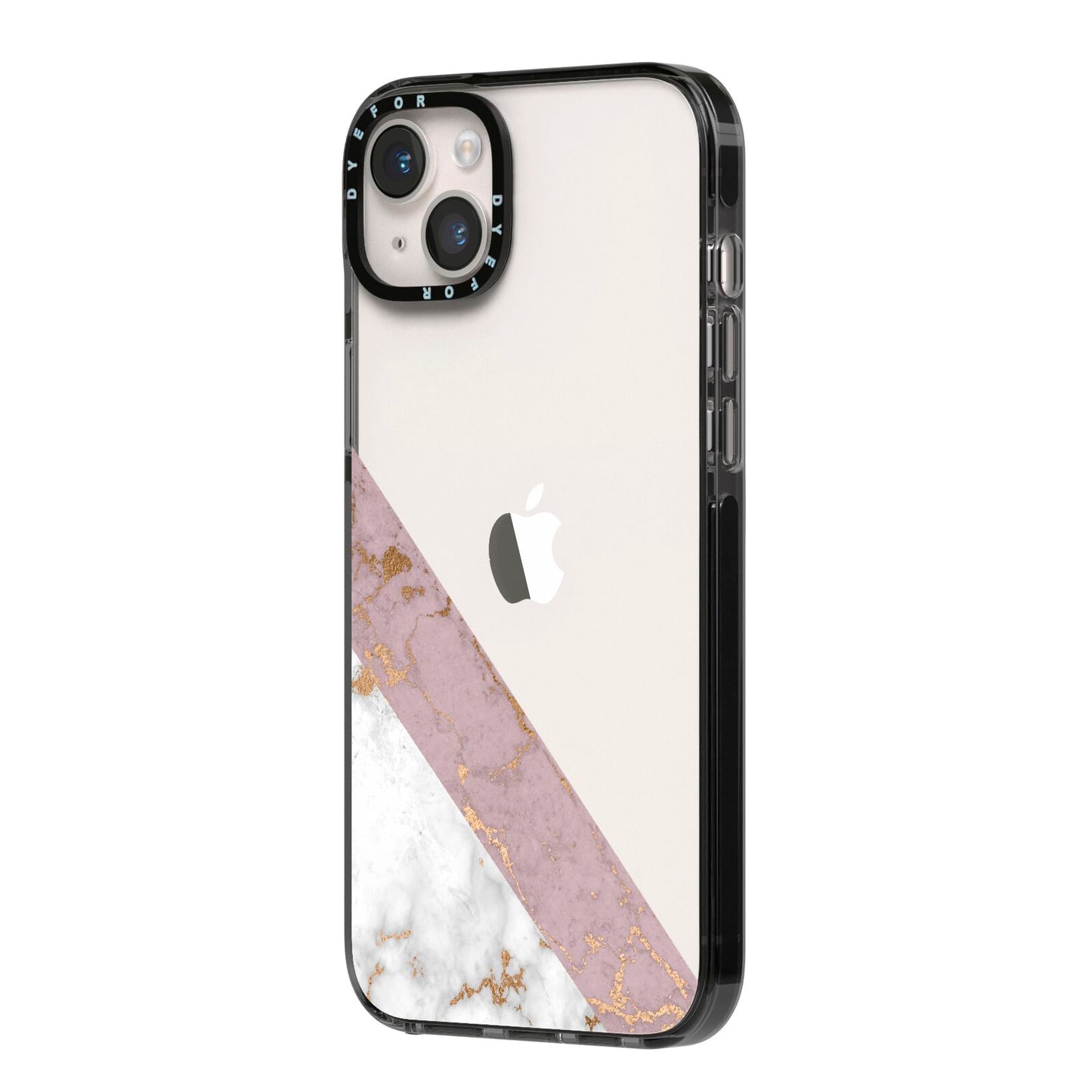 Transparent Pink and White Marble iPhone 14 Plus Black Impact Case Side Angle on Silver phone