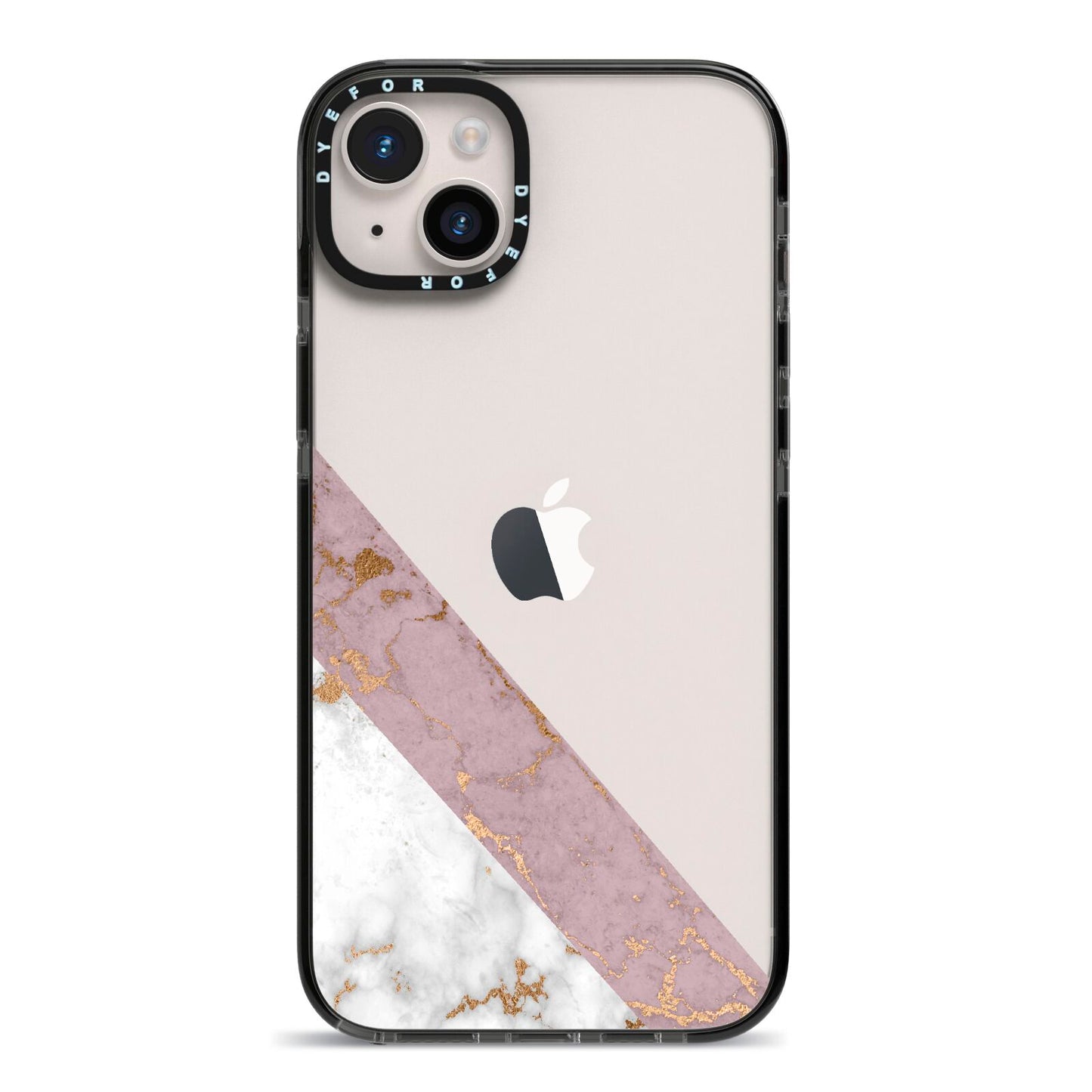 Transparent Pink and White Marble iPhone 14 Plus Black Impact Case on Silver phone