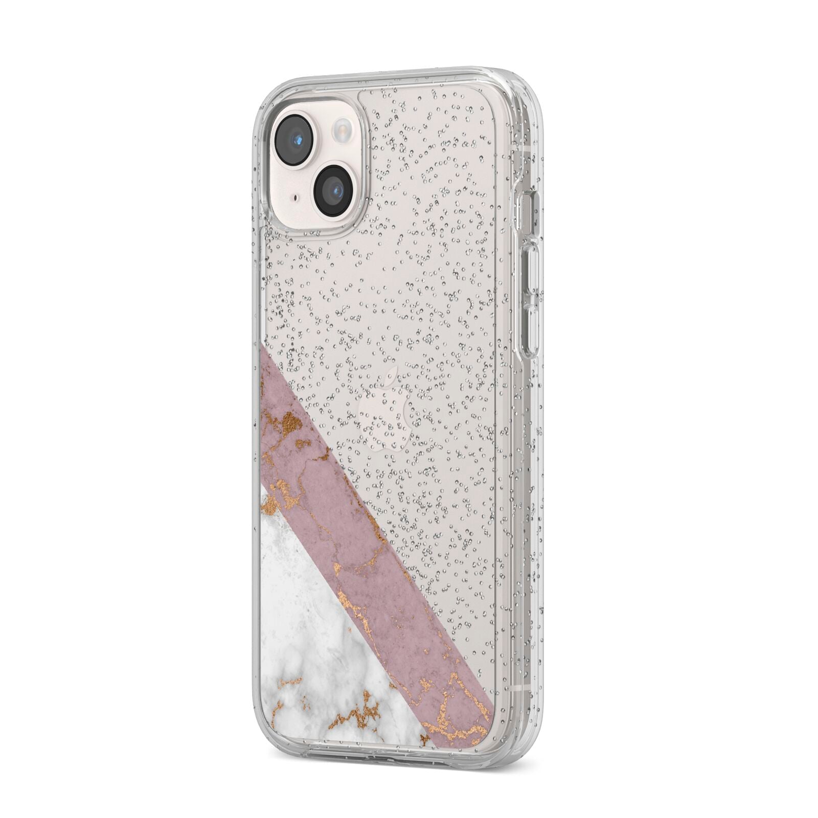 Transparent Pink and White Marble iPhone 14 Plus Glitter Tough Case Starlight Angled Image