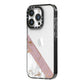 Transparent Pink and White Marble iPhone 14 Pro Black Impact Case Side Angle on Silver phone