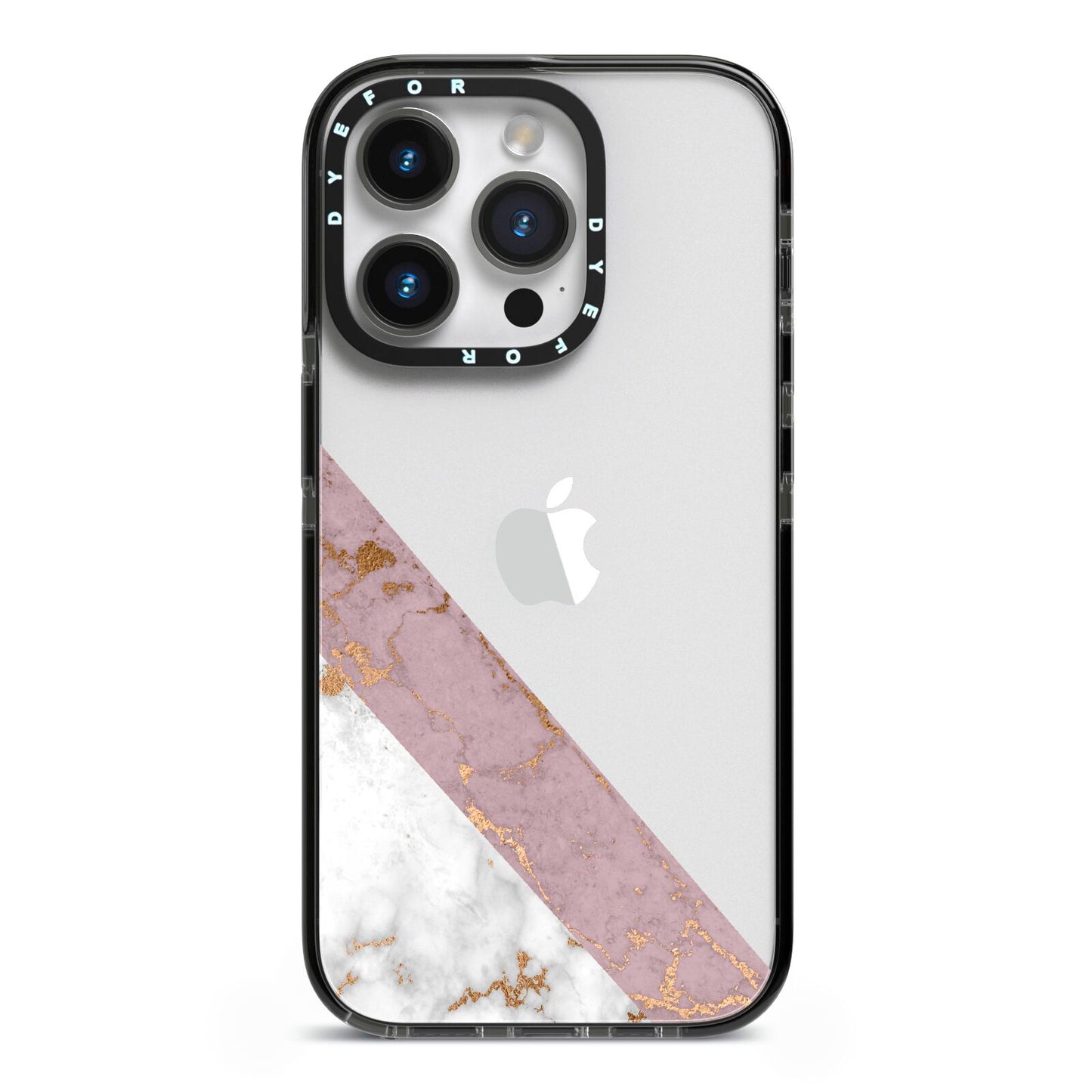 Transparent Pink and White Marble iPhone 14 Pro Black Impact Case on Silver phone