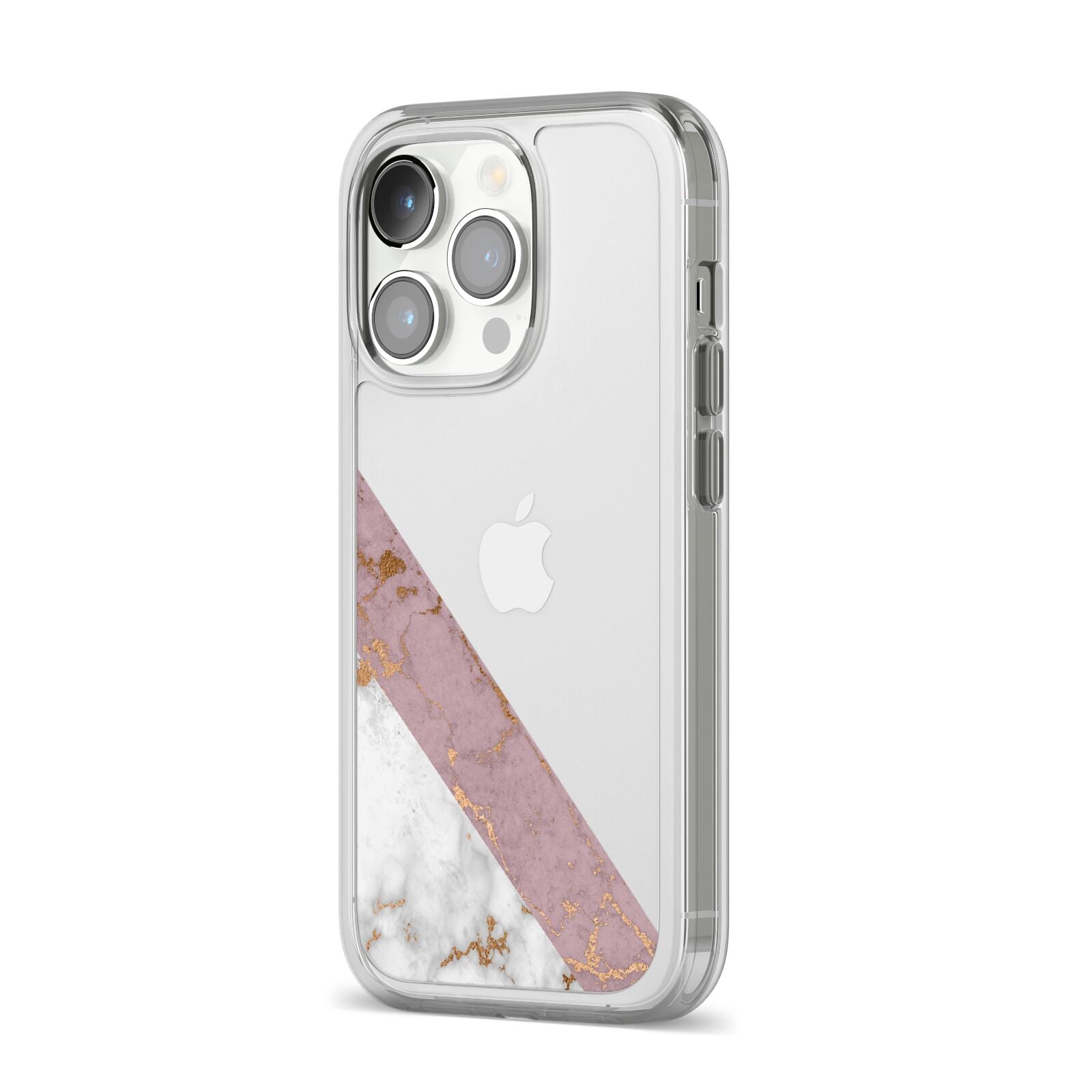 Transparent Pink and White Marble iPhone 14 Pro Clear Tough Case Silver Angled Image